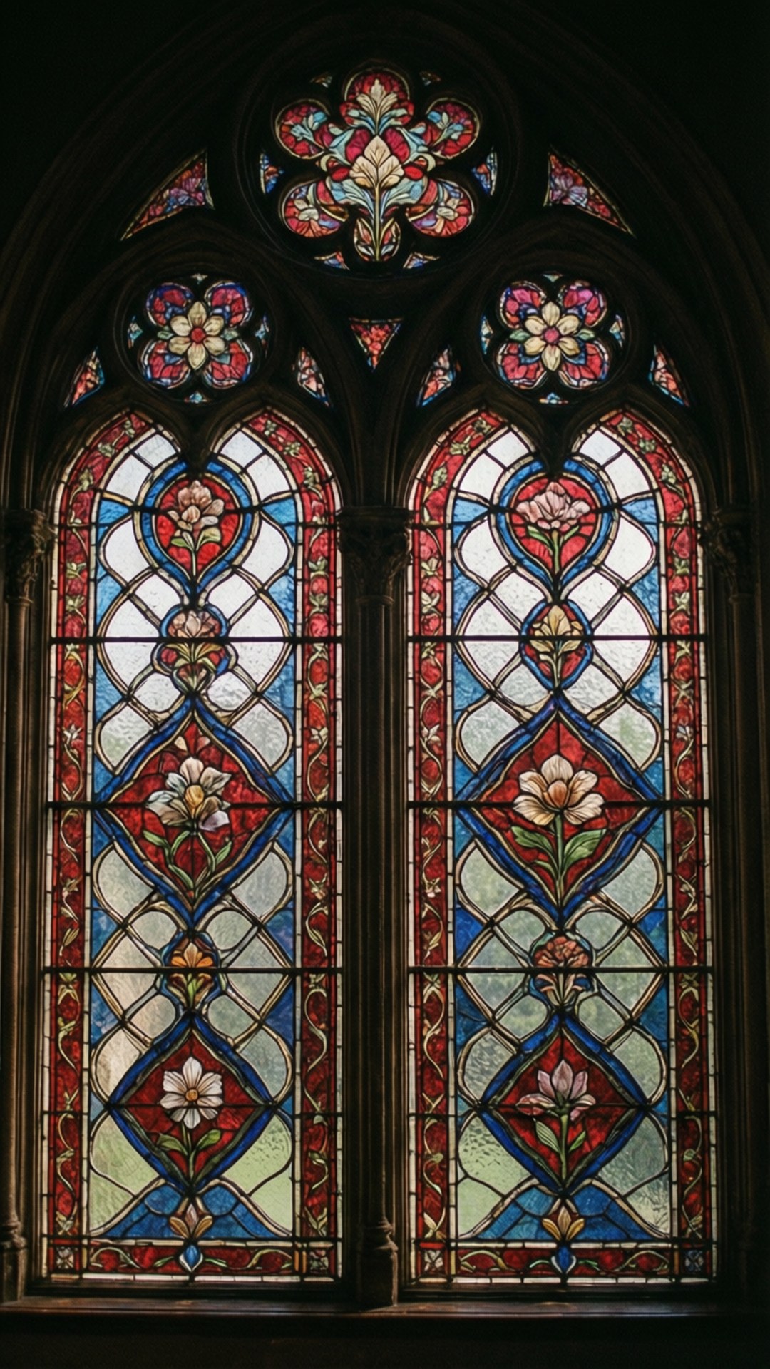 Victorian, stained glass windows, floral patterns, Full HD Phone Wallpaper