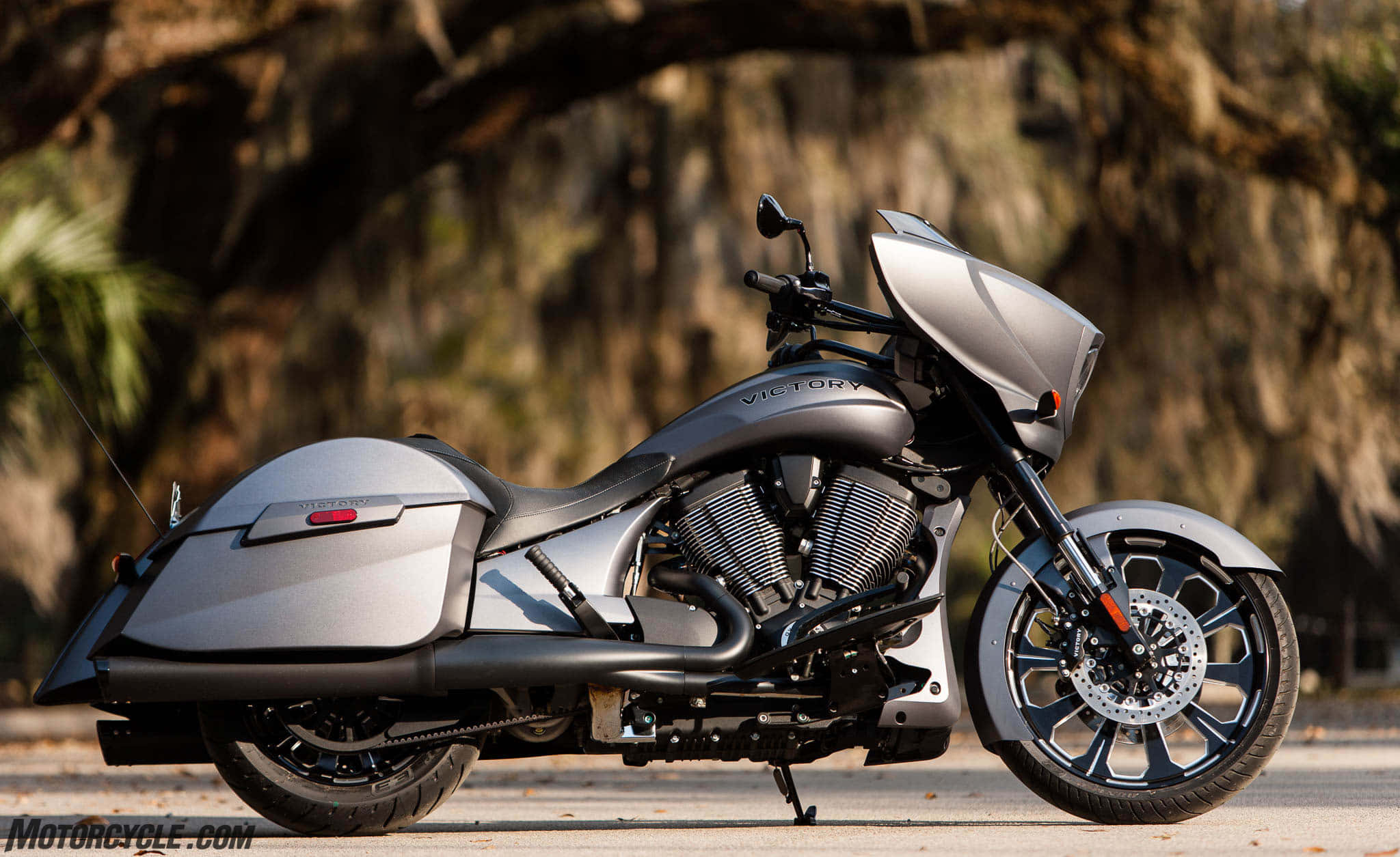 Victory Motorcycle, sleek silver, mossy tree canopy, Full HD Desktop Wallpaper