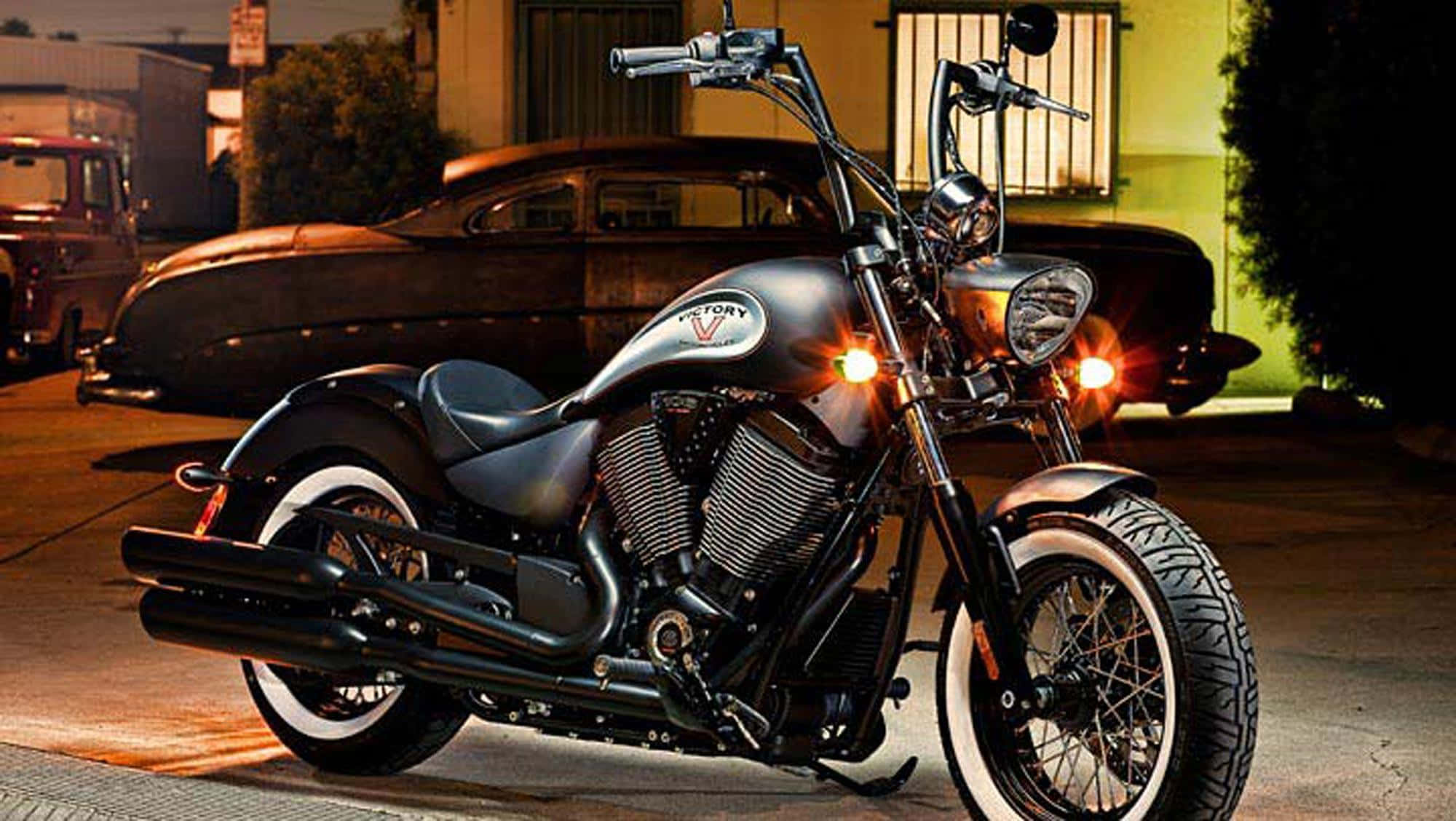Victory Motorcycle, sleek black, glowing headlights, Full HD Desktop Wallpaper