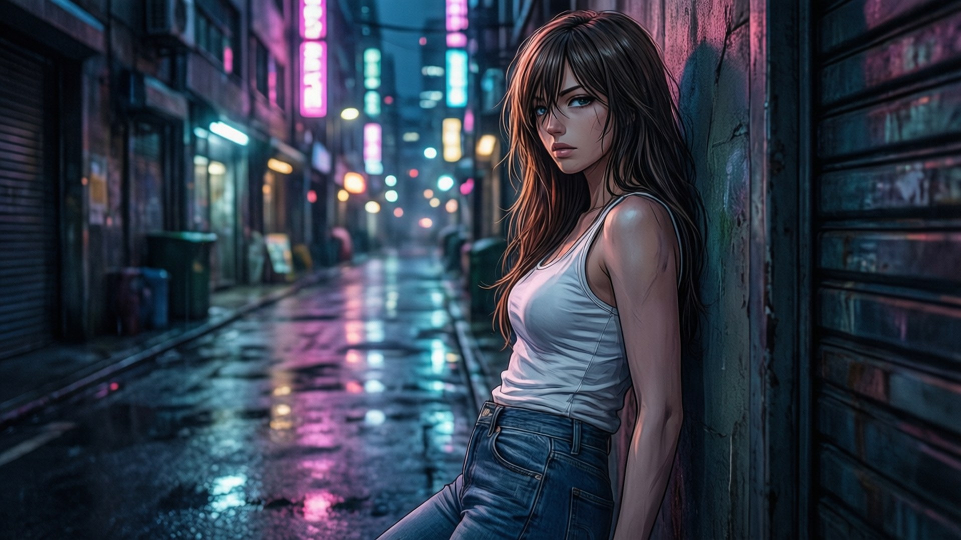 Videl, neon alley, neon lights, Full HD Desktop Wallpaper