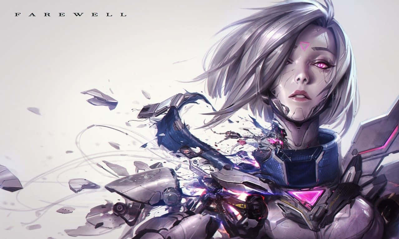 cybernetic anime girl, silver hair, glowing pink eyes, HD Desktop Wallpaper