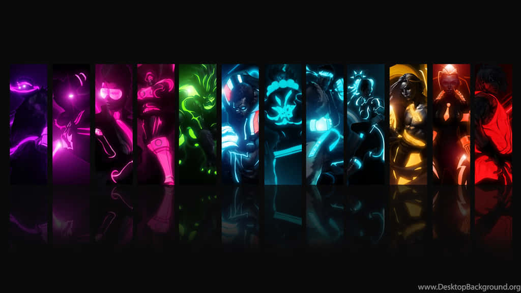 neon-lit, anime characters, glowing vertical panels, SD Desktop Wallpaper
