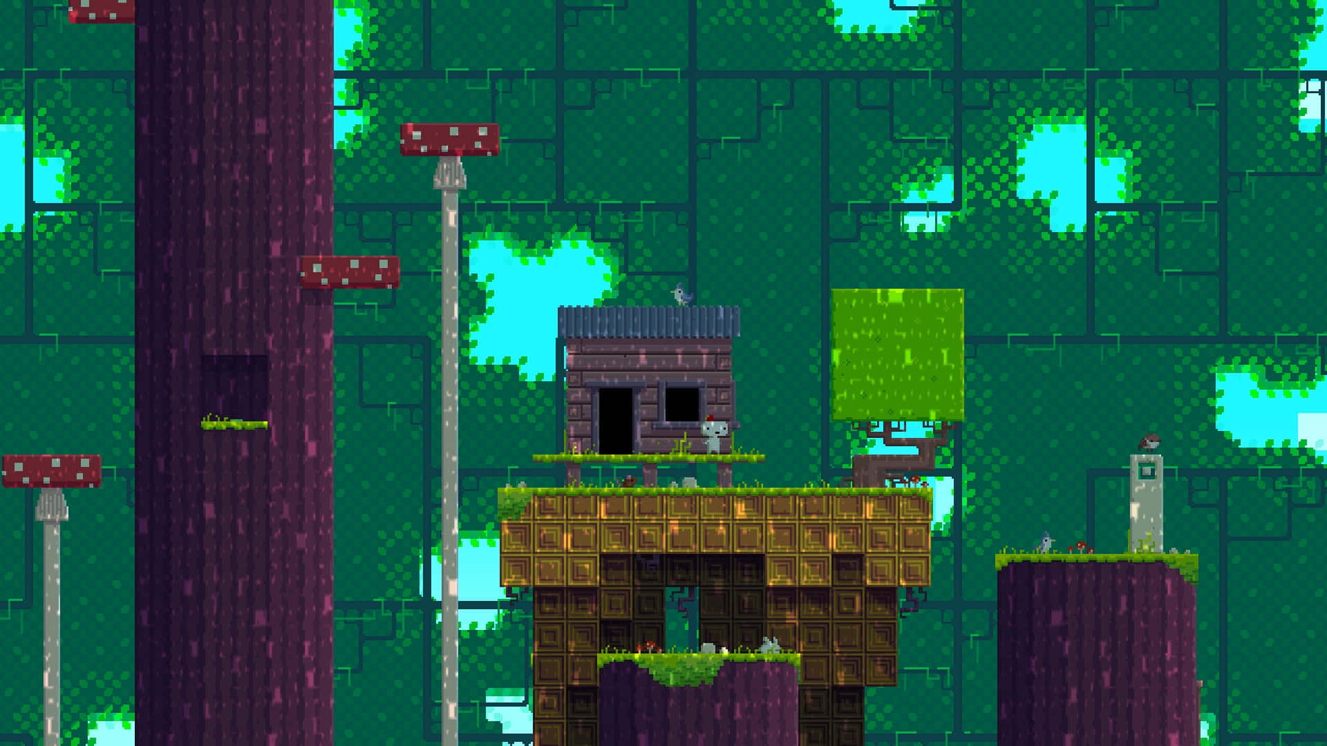 pixel art forest, purple trees, glowing mushrooms, Full HD Desktop Wallpaper