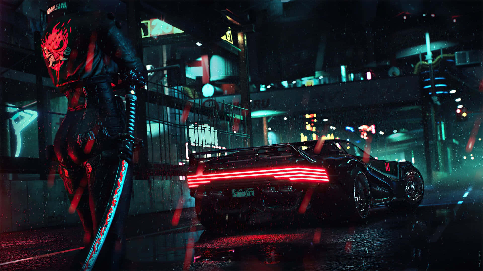 cyberpunk warrior, glowing sword, sleek red-lit sports car, Full HD Desktop Wallpaper