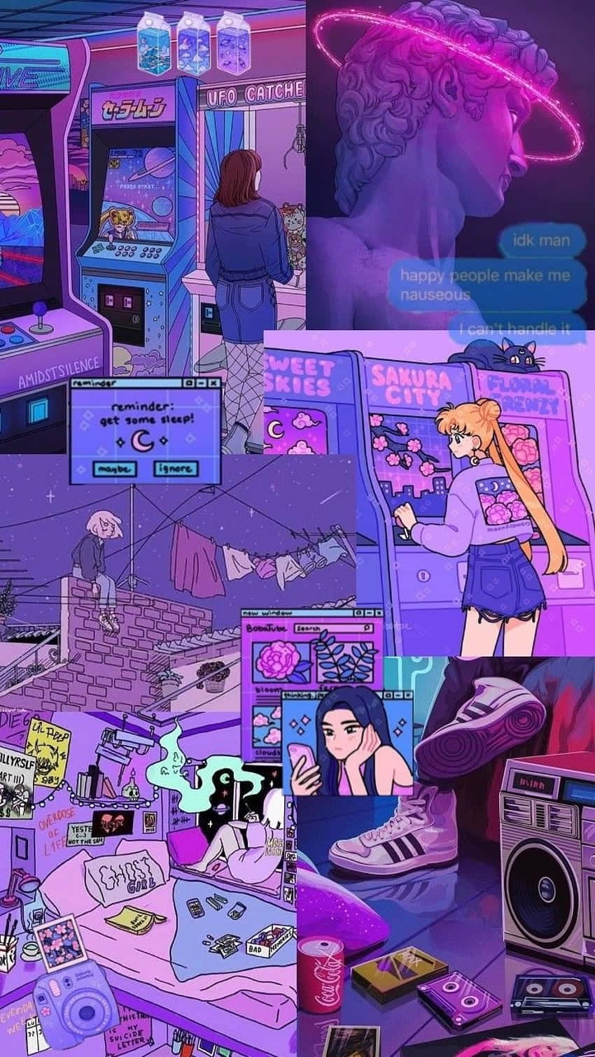 vibrant purple, digital collage, anime characters, HD Phone Wallpaper