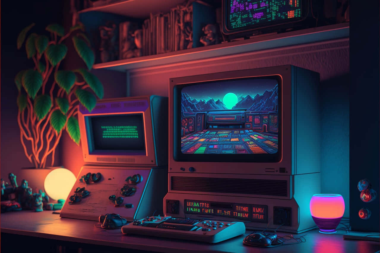 retro gaming, neon pink, neon blue, HD Desktop Wallpaper