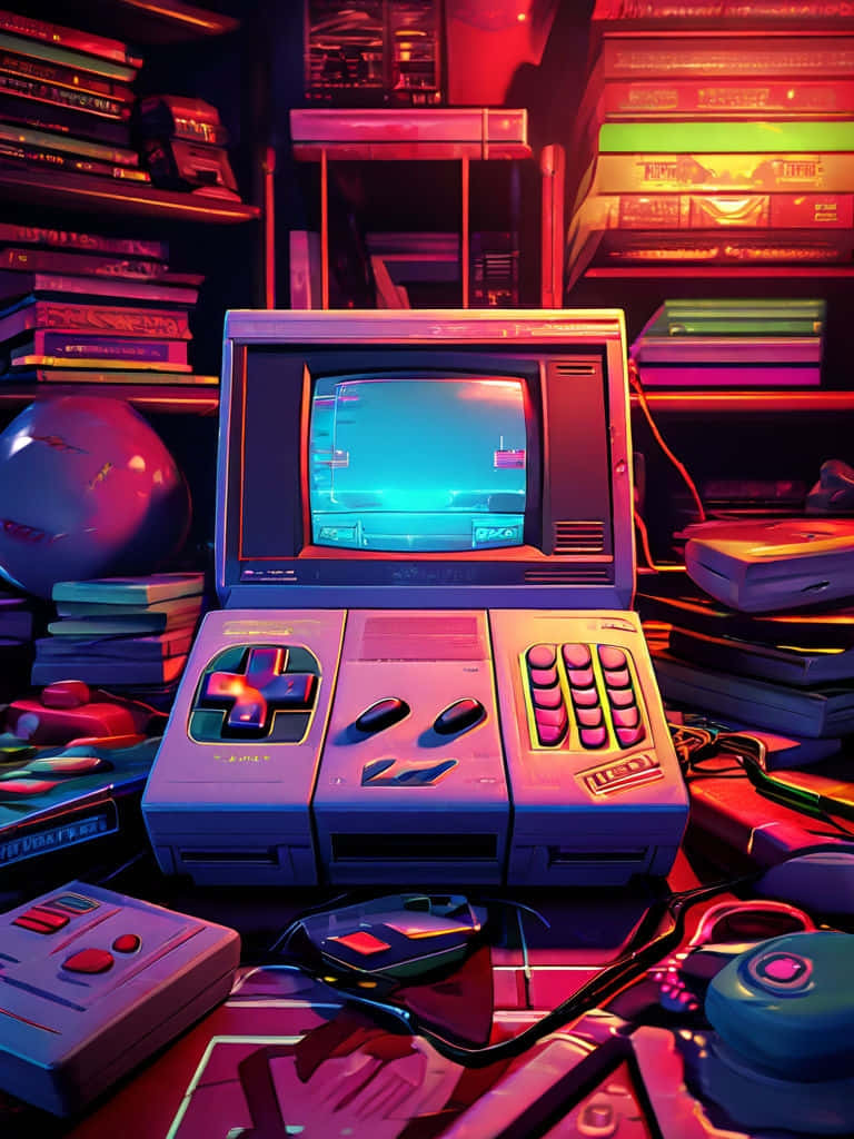 retro gaming console, glowing neon lights, vintage controllers, SD Phone Wallpaper