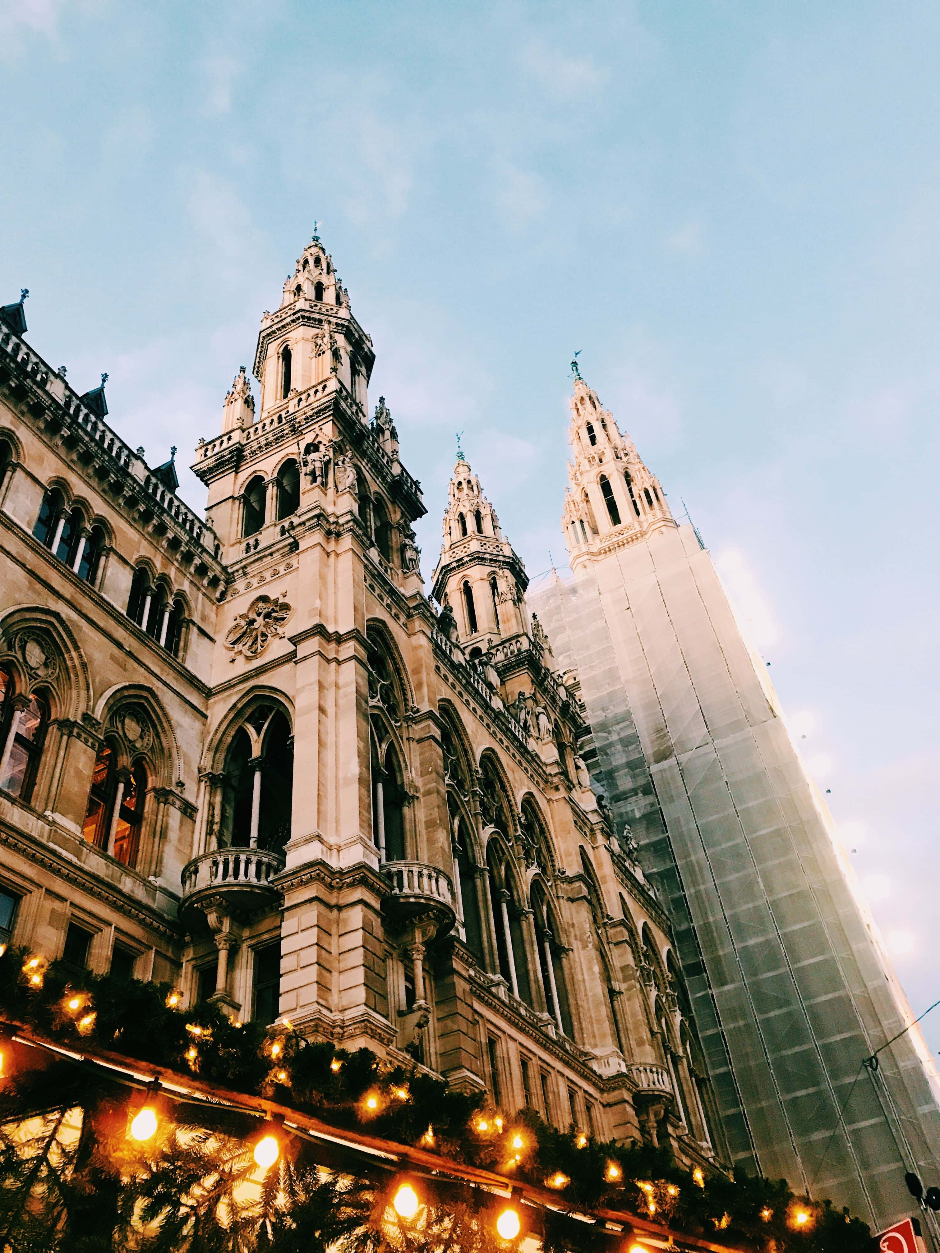Vienna Cathedral, Gothic building, modern glass skyscraper, 4K Phone Wallpaper