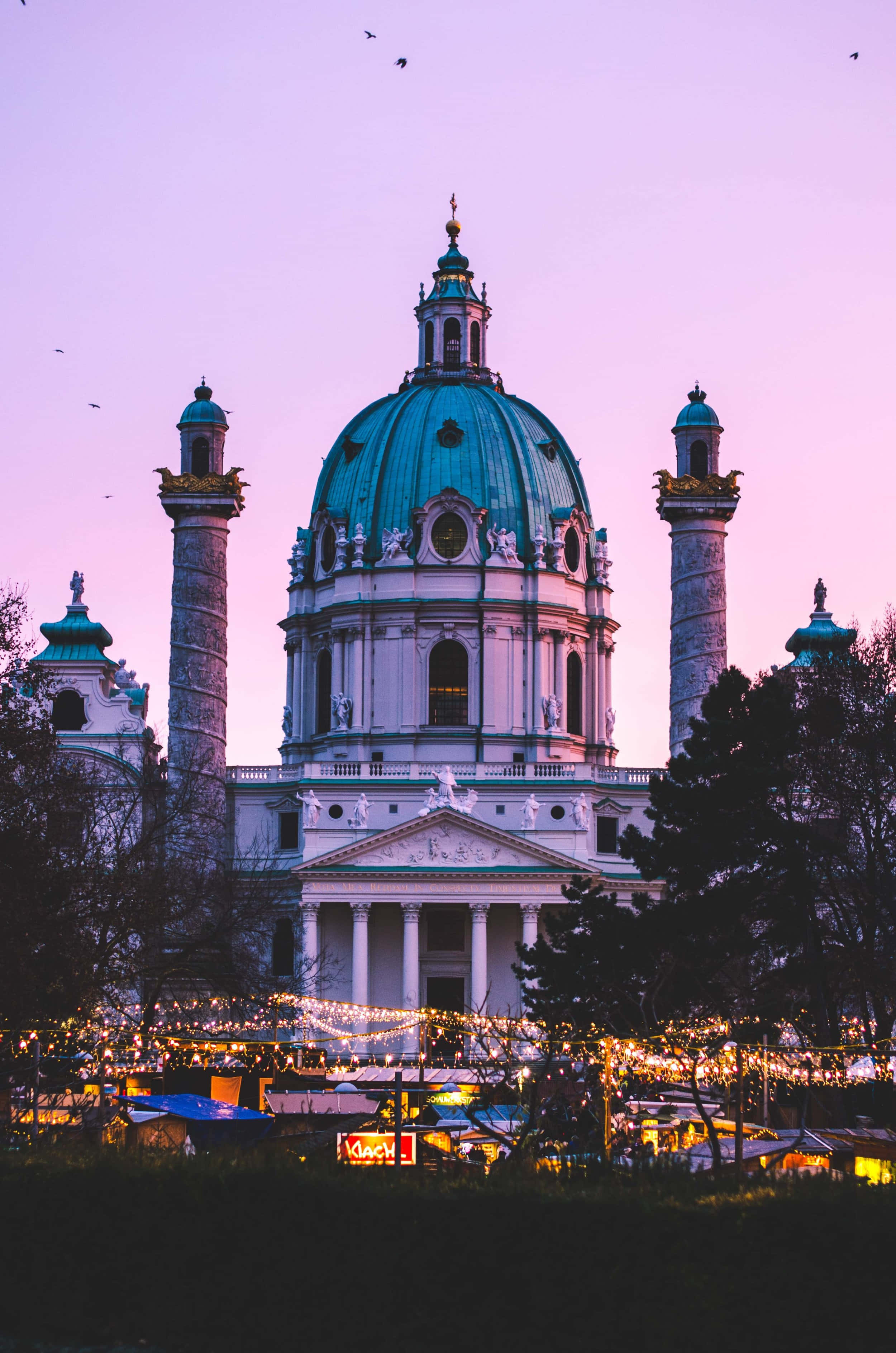 Vienna Cathedral, teal dome, stone columns, 2K Phone Wallpaper