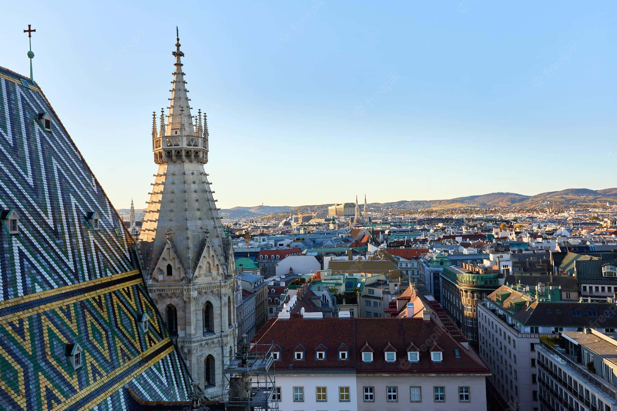 Vienna Cathedral, blue sky, golden sunset light, Full HD Desktop Wallpaper
