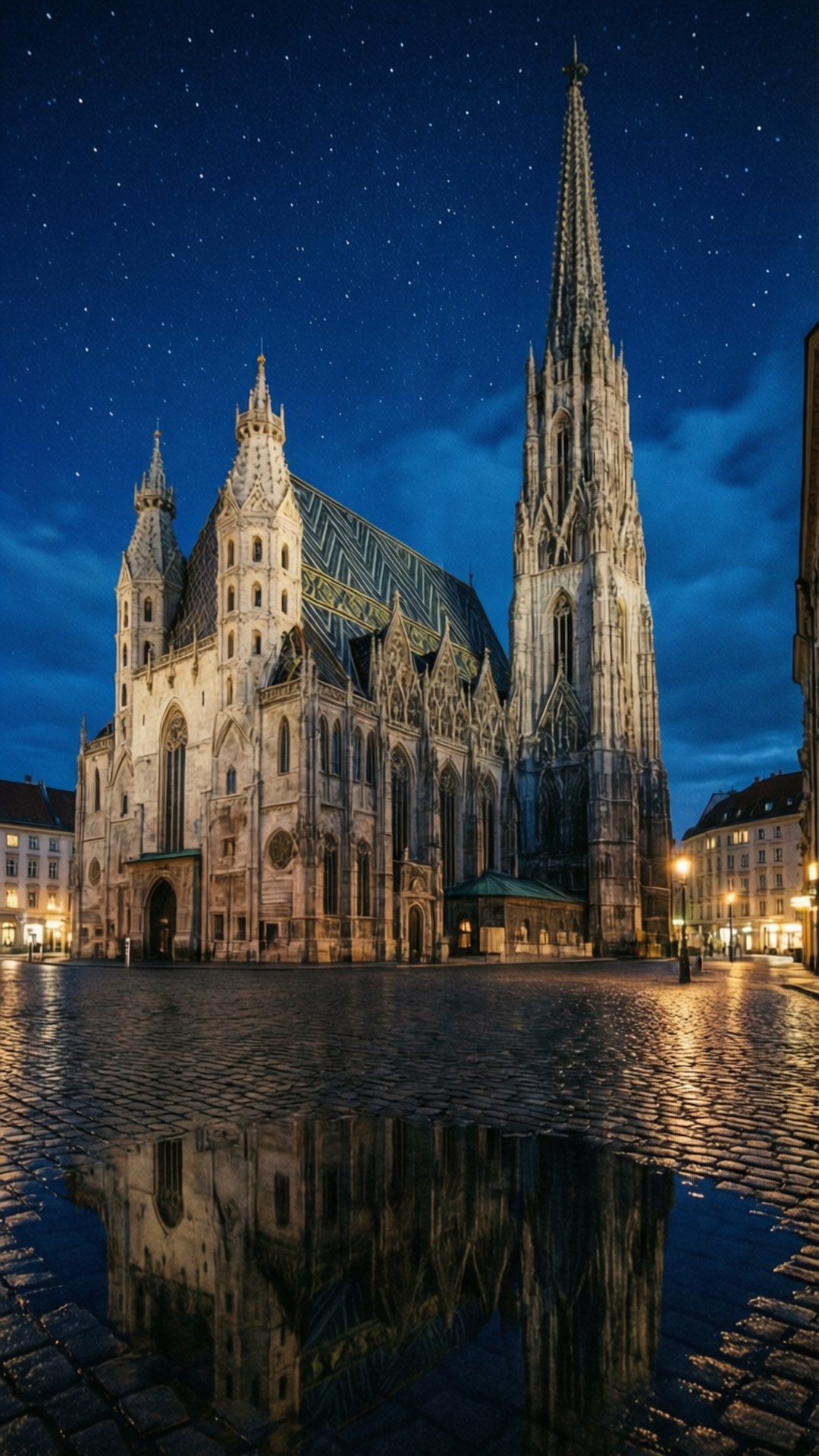 Vienna Cathedral, night, puddle, Full HD Phone Wallpaper