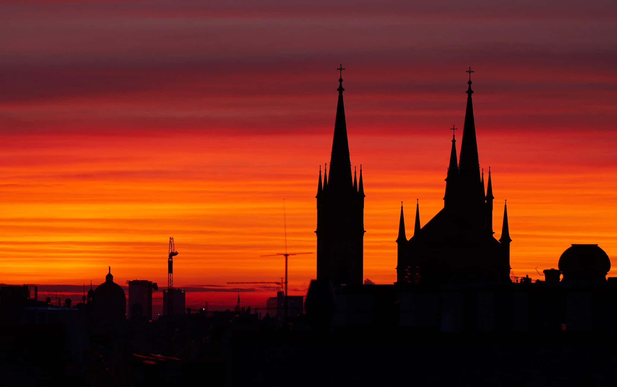 Vienna Cathedral, Gothic church spires, fiery orange and red sunset sky, Full HD Desktop Wallpaper