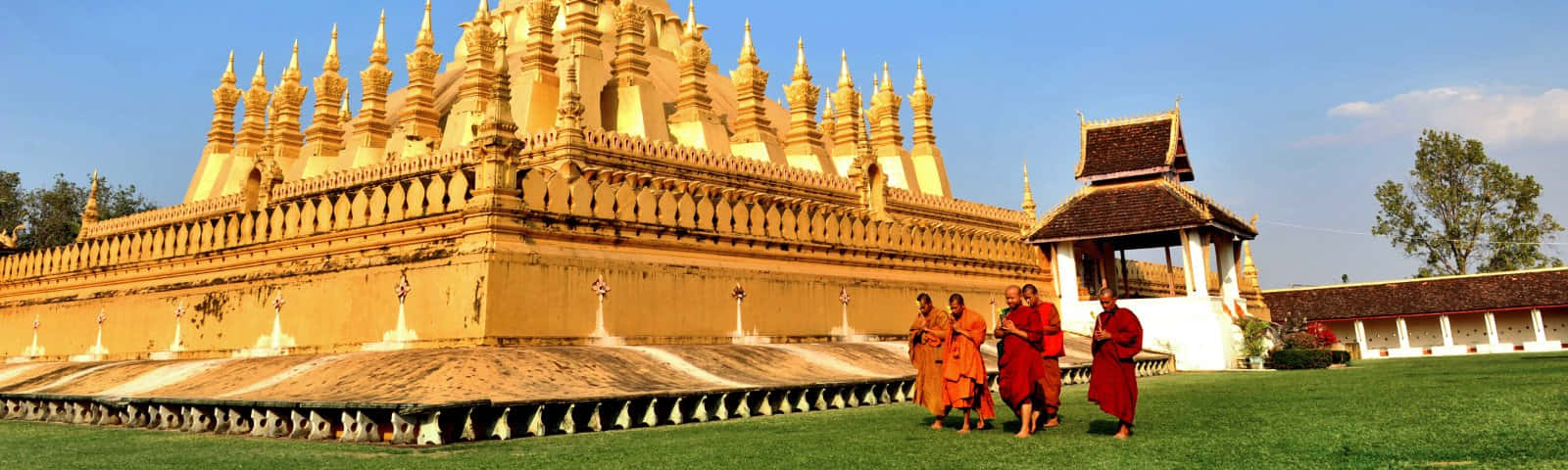 Vientiane, golden temple spires, orange robes, HD Desktop Wallpaper