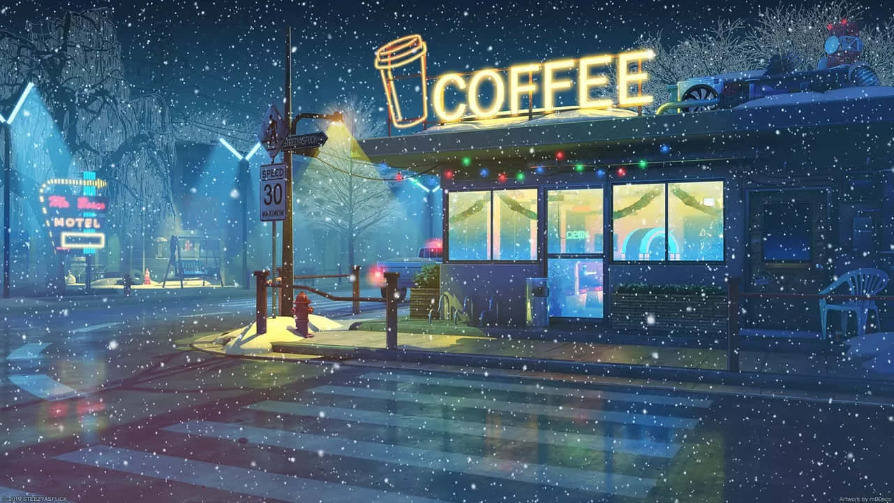 neon-lit coffee shop, falling snow, quiet winter night, HD Desktop Wallpaper