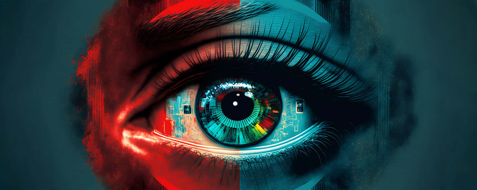 latent futuristic eye, red digital chaos, blue circuitry, HD Desktop Wallpaper