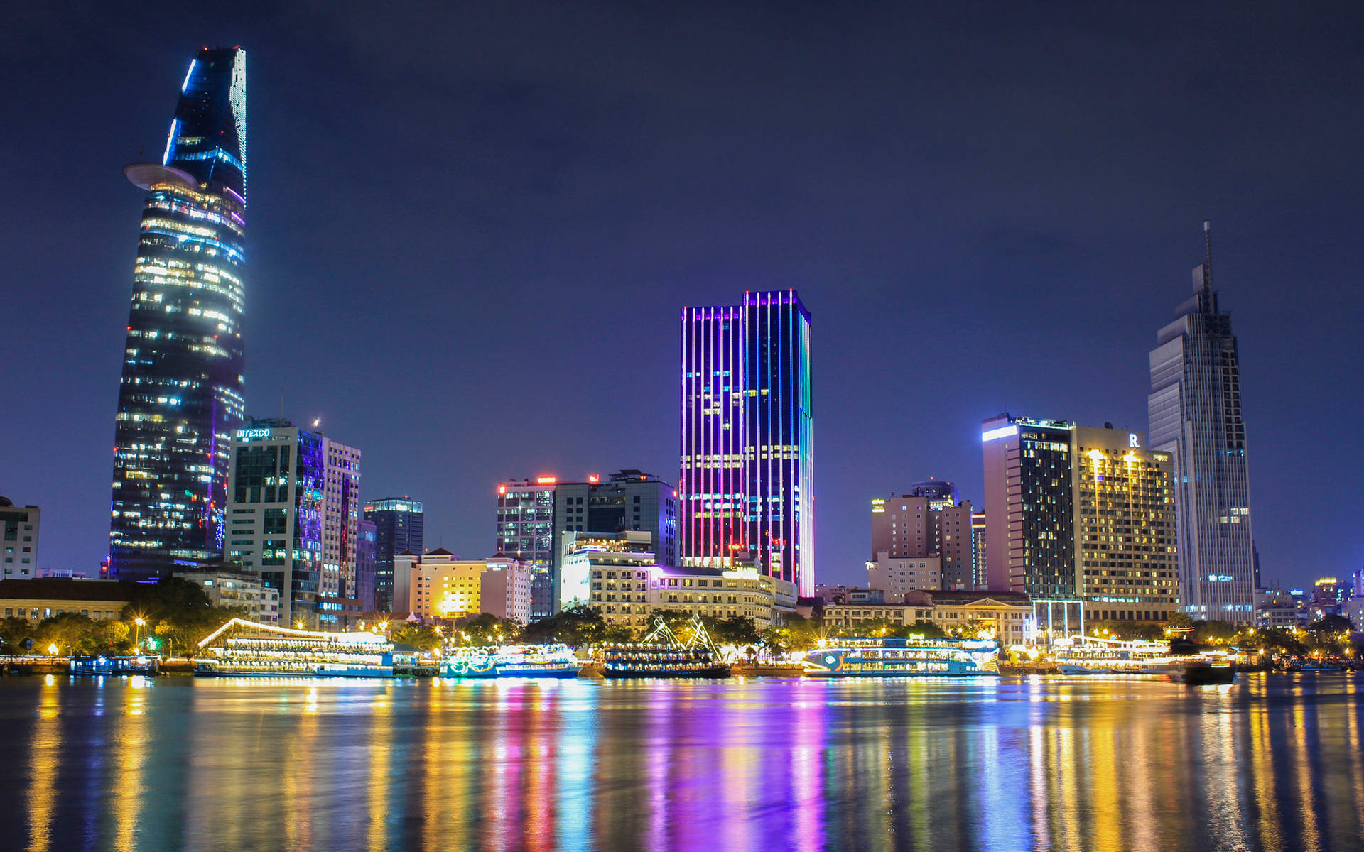 Vietnam, colorful lights, nighttime cityscape, Full HD Desktop Wallpaper