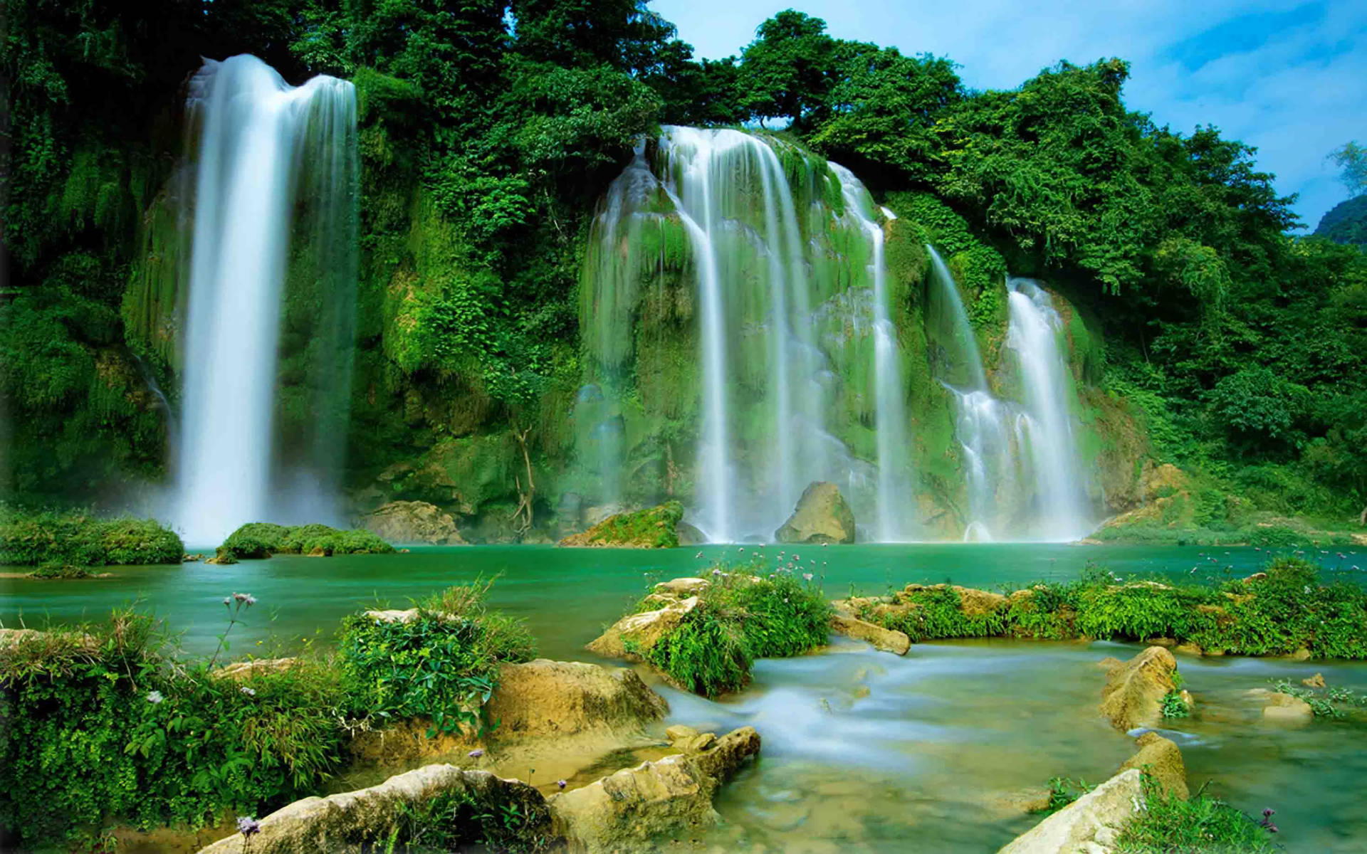 Vietnam, multi-tiered waterfall, lush green jungle, Full HD Desktop Wallpaper
