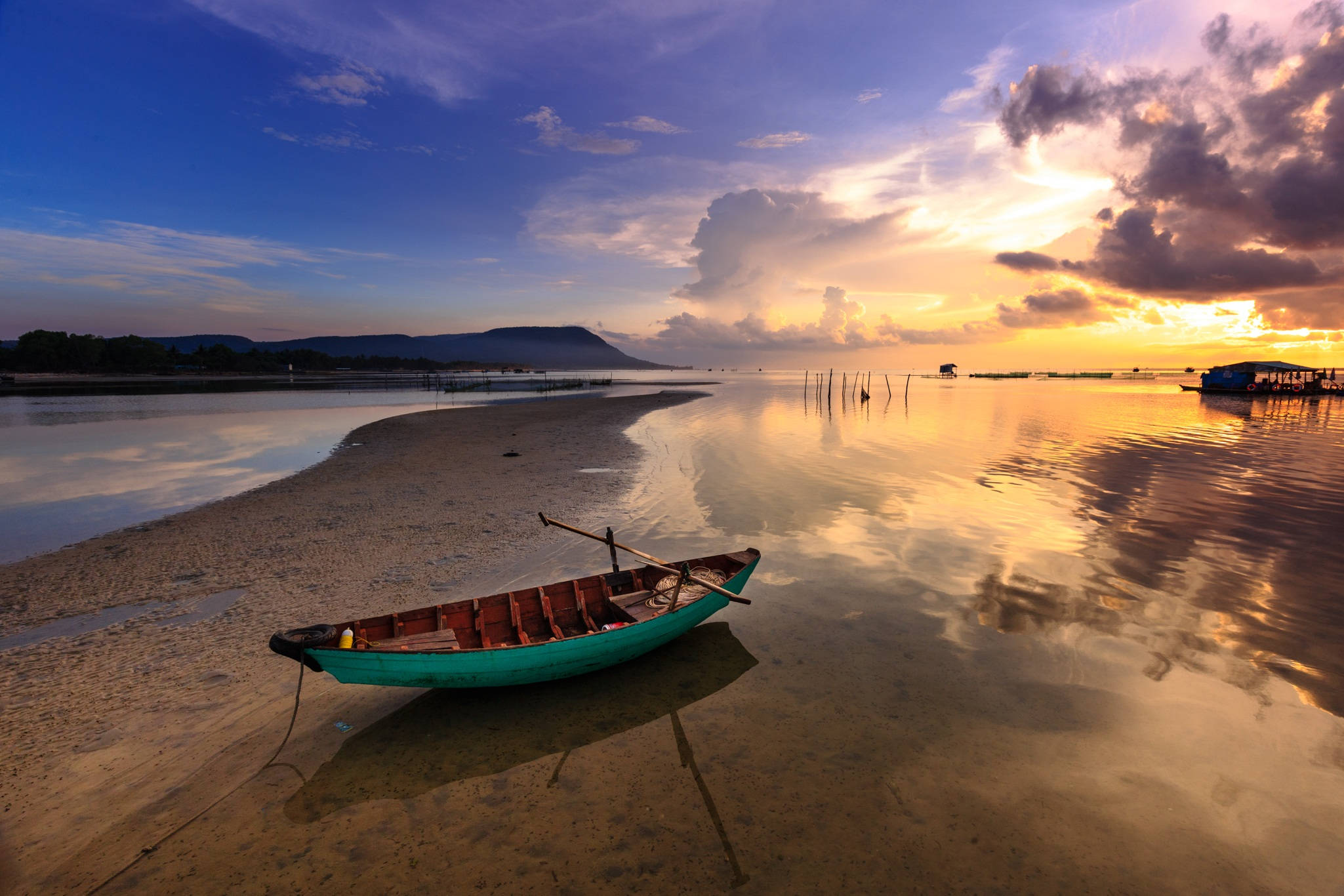 Vietnam, teal fishing boat, sunset, Full HD Desktop Wallpaper