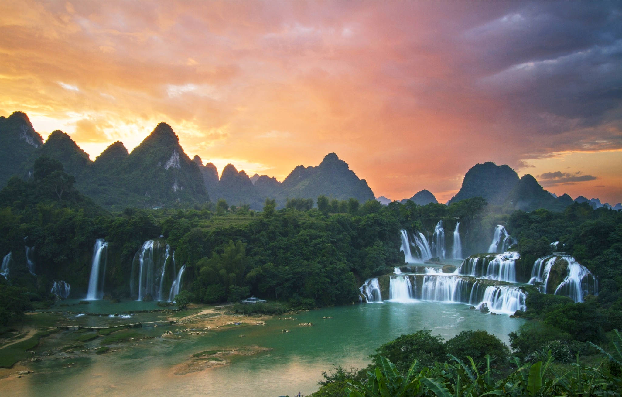 Vietnam, two waterfalls, sunset, Full HD Desktop Wallpaper