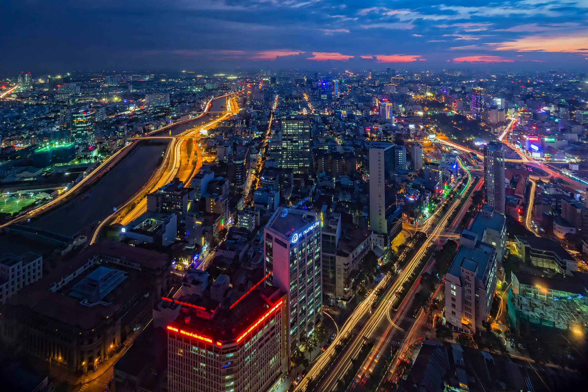 Vietnam, evening, city lights, Full HD Desktop Wallpaper
