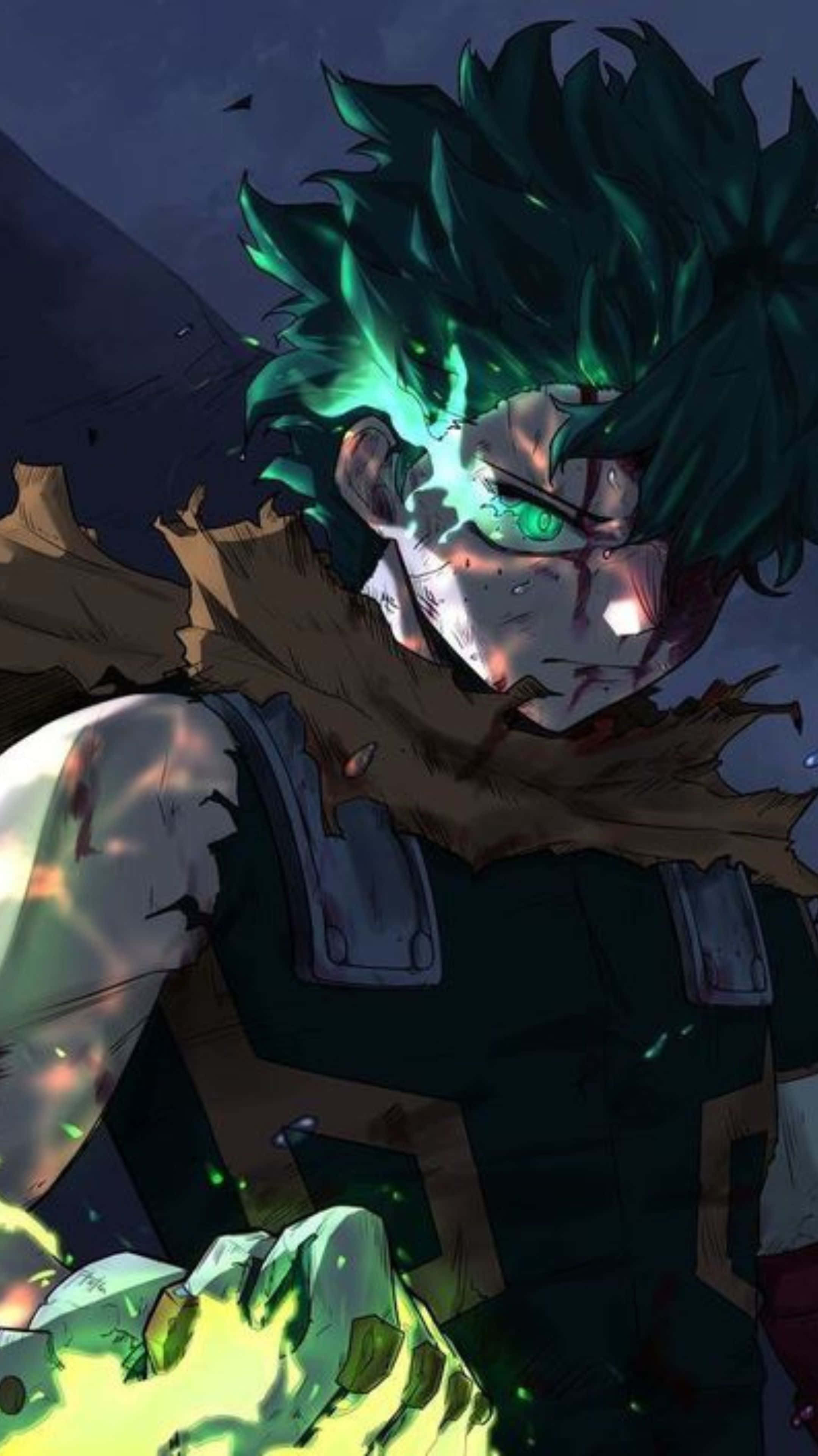 Vigilante Deku, glowing green hair, glowing green eyes, 4K Phone Wallpaper