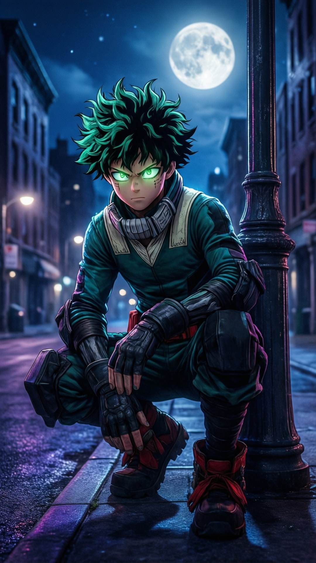 Vigilante Deku, street lamp, full moon, Full HD Phone Wallpaper
