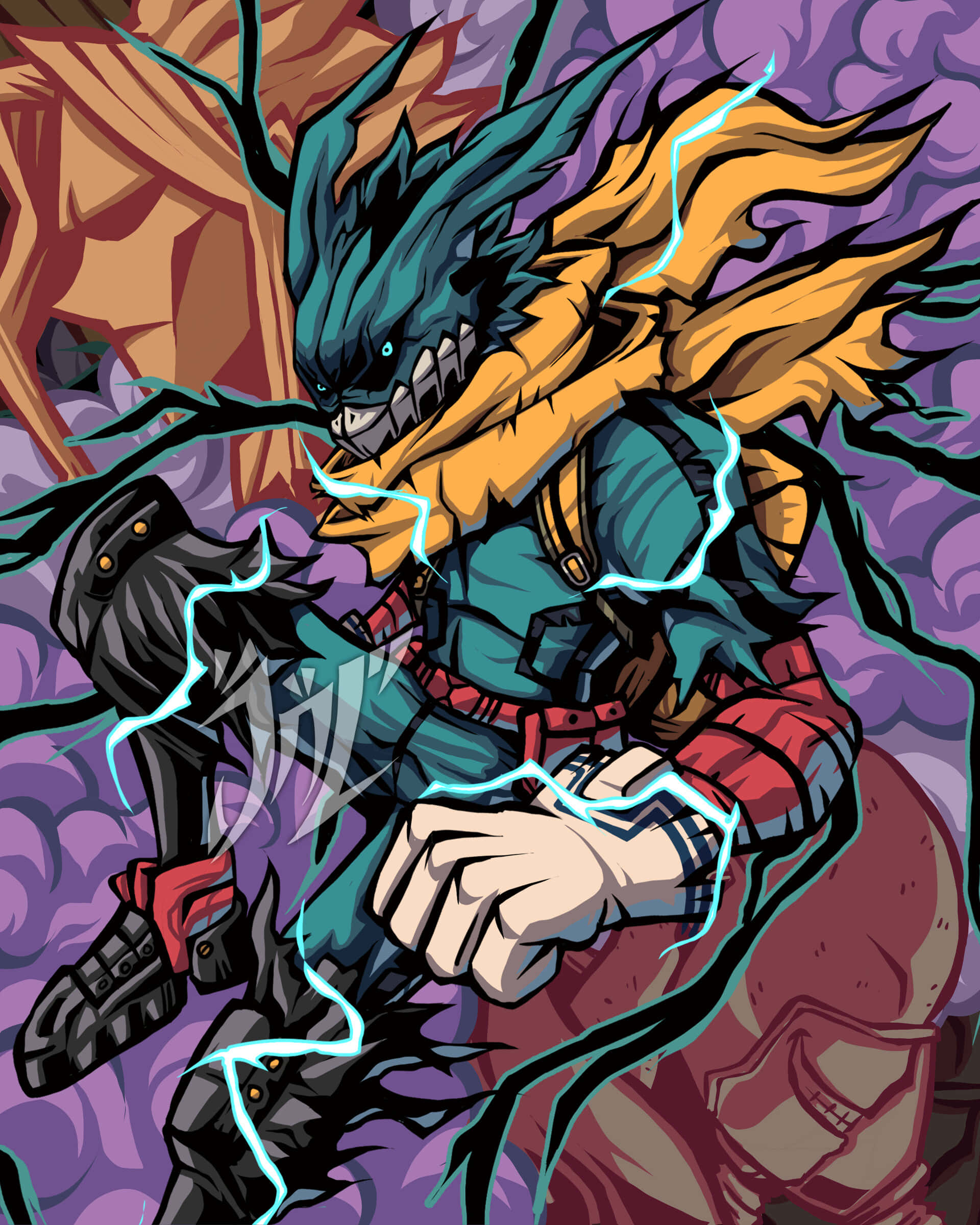 Vigilante Deku, electric aura, blue and yellow dragon, Full HD Phone Wallpaper