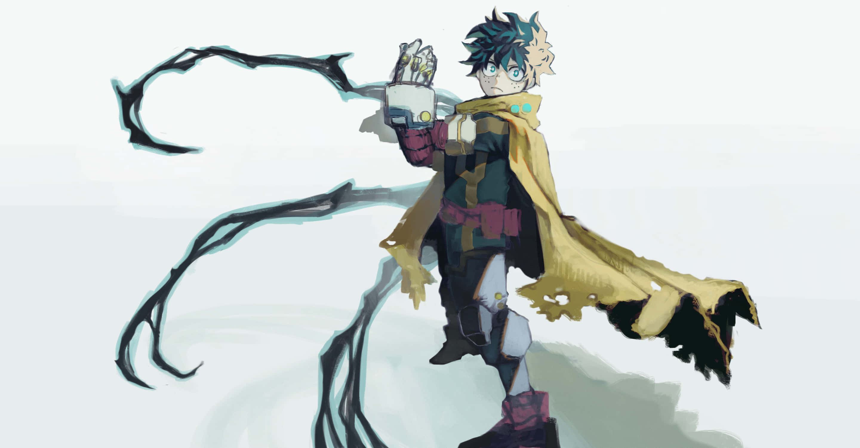Vigilante Deku, yellow cloak, mechanical arm, 2K Desktop Wallpaper
