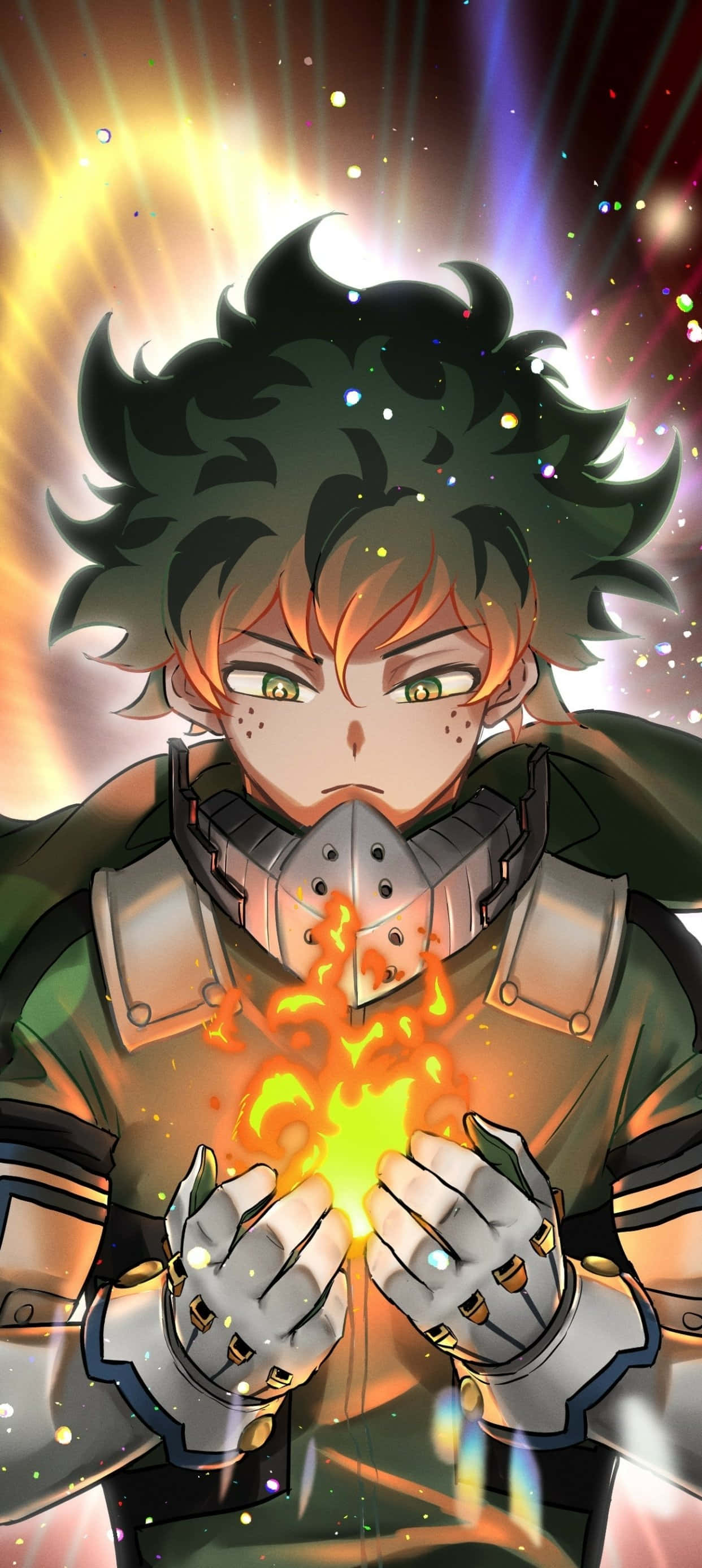 Vigilante Deku, glowing orange flames, spiky dark hair, 2K Phone Wallpaper