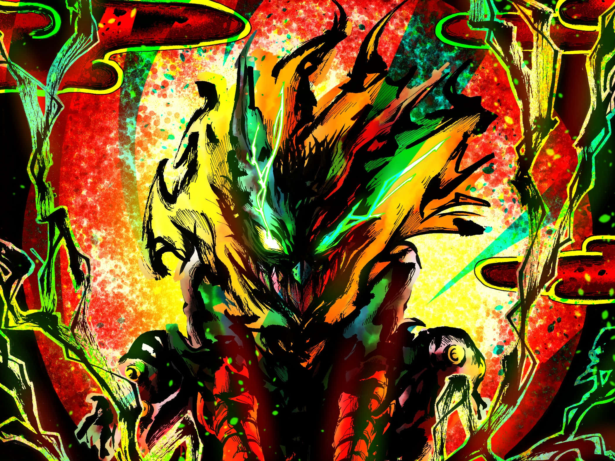 Vigilante Deku, glowing green eyes, fiery orange hair, Full HD Desktop Wallpaper