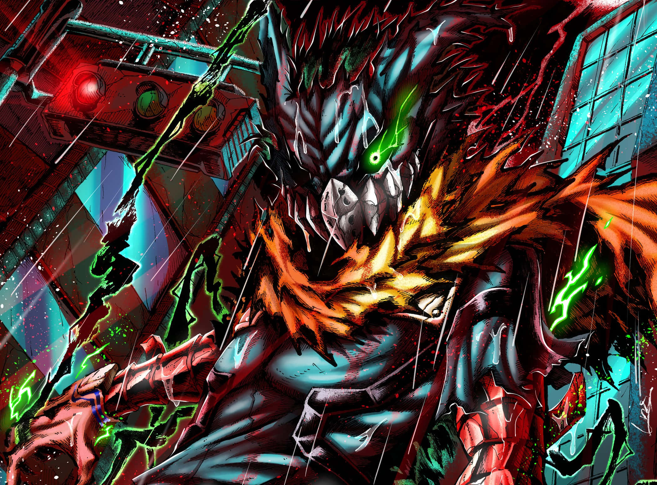 Vigilante Deku, glowing green eyes, fiery orange mane, Full HD Desktop Wallpaper