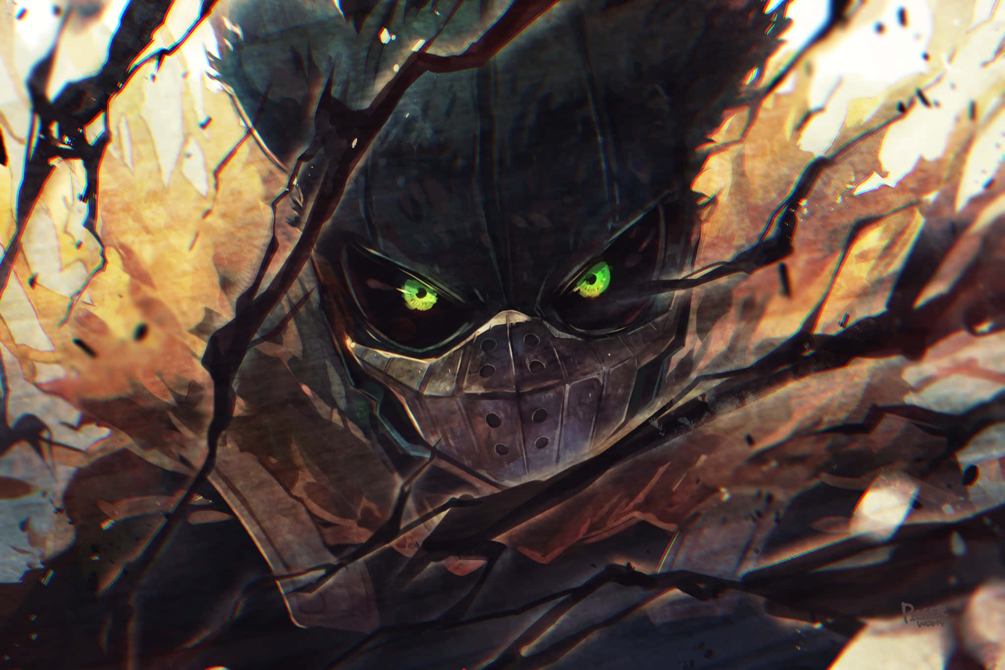 Vigilante Deku, glowing green eyes, shattered branches, Full HD Desktop Wallpaper