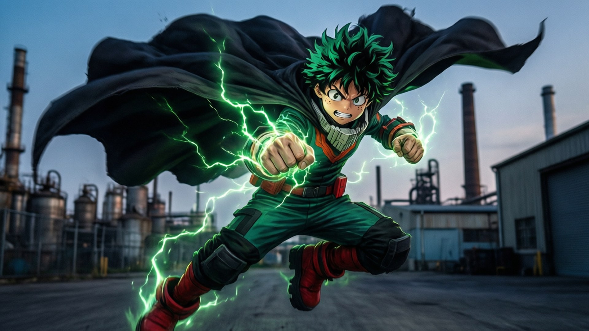 Vigilante Deku, green lightning, industrial dusk background, Full HD Desktop Wallpaper