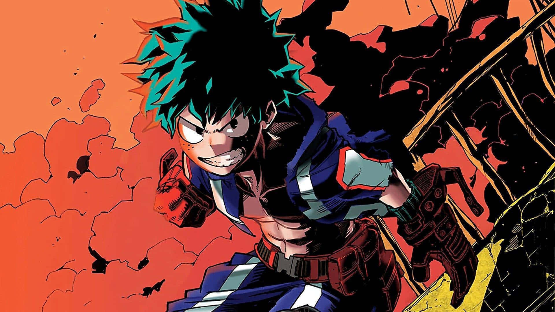 Vigilante Deku, spiky teal and black hair, cracked fiery orange background, Full HD Desktop Wallpaper