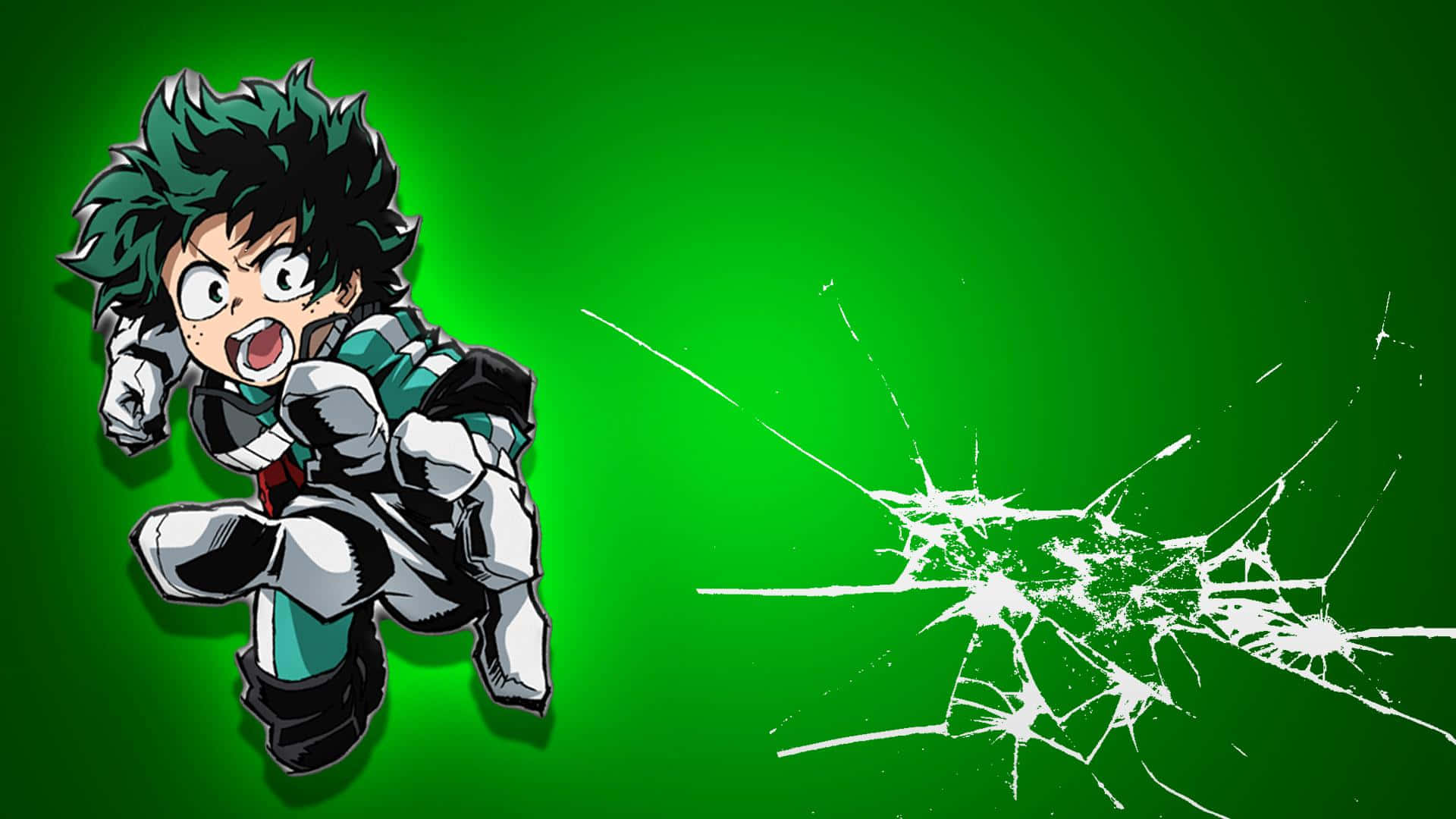 Vigilante Deku, white and teal suit, vibrant green background, Full HD Desktop Wallpaper