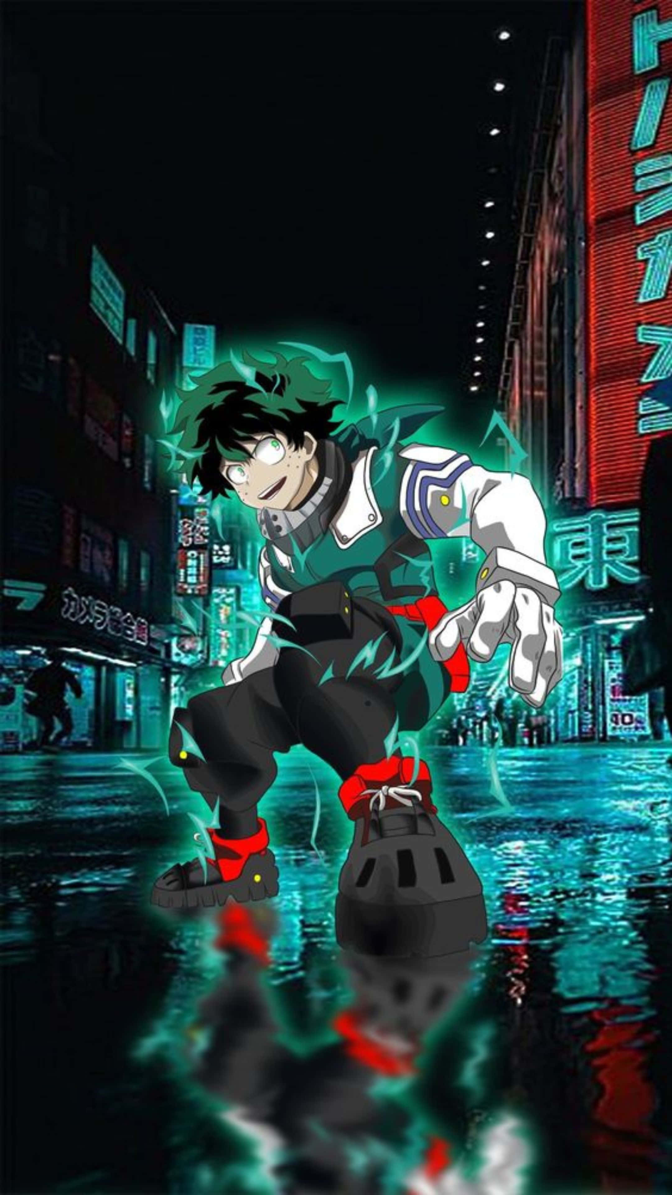 Vigilante Deku, neon-lit rainy Tokyo street, green-haired anime hero, 4K Phone Wallpaper