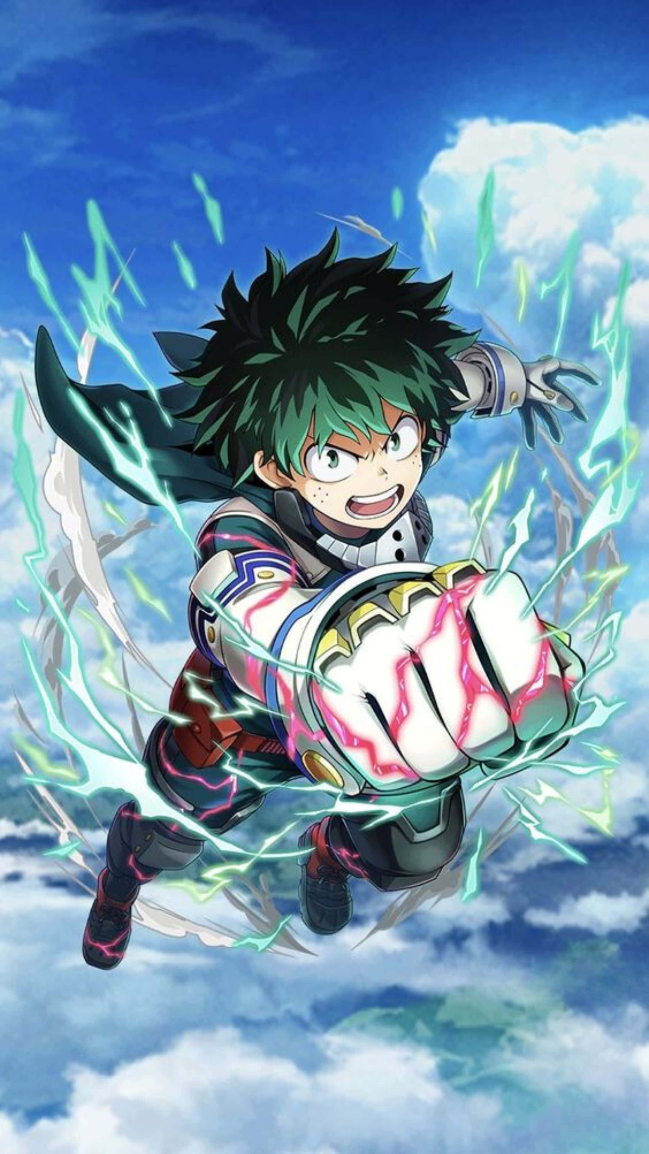 Vigilante Deku, green-haired anime hero, bright blue sky, 4K Phone Wallpaper