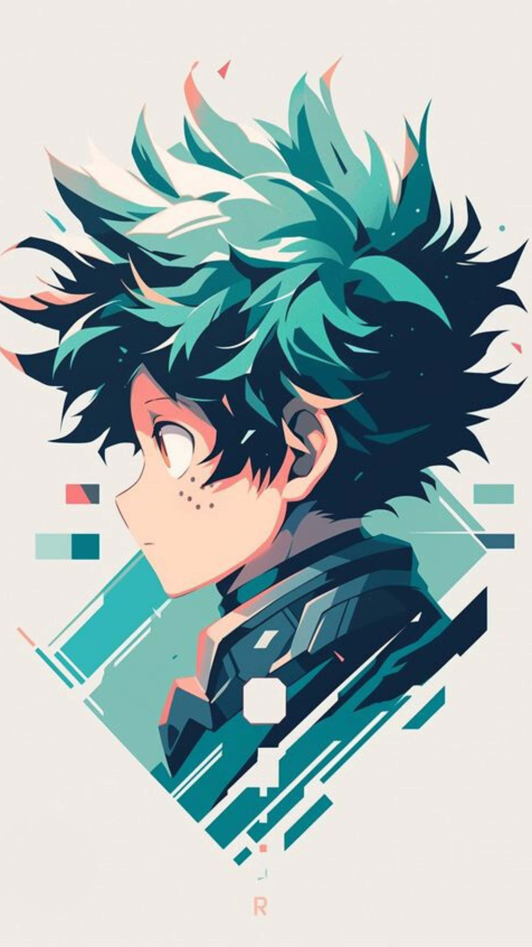 Vigilante Deku, spiky teal and black hair, geometric teal and white background, 4K Phone Wallpaper