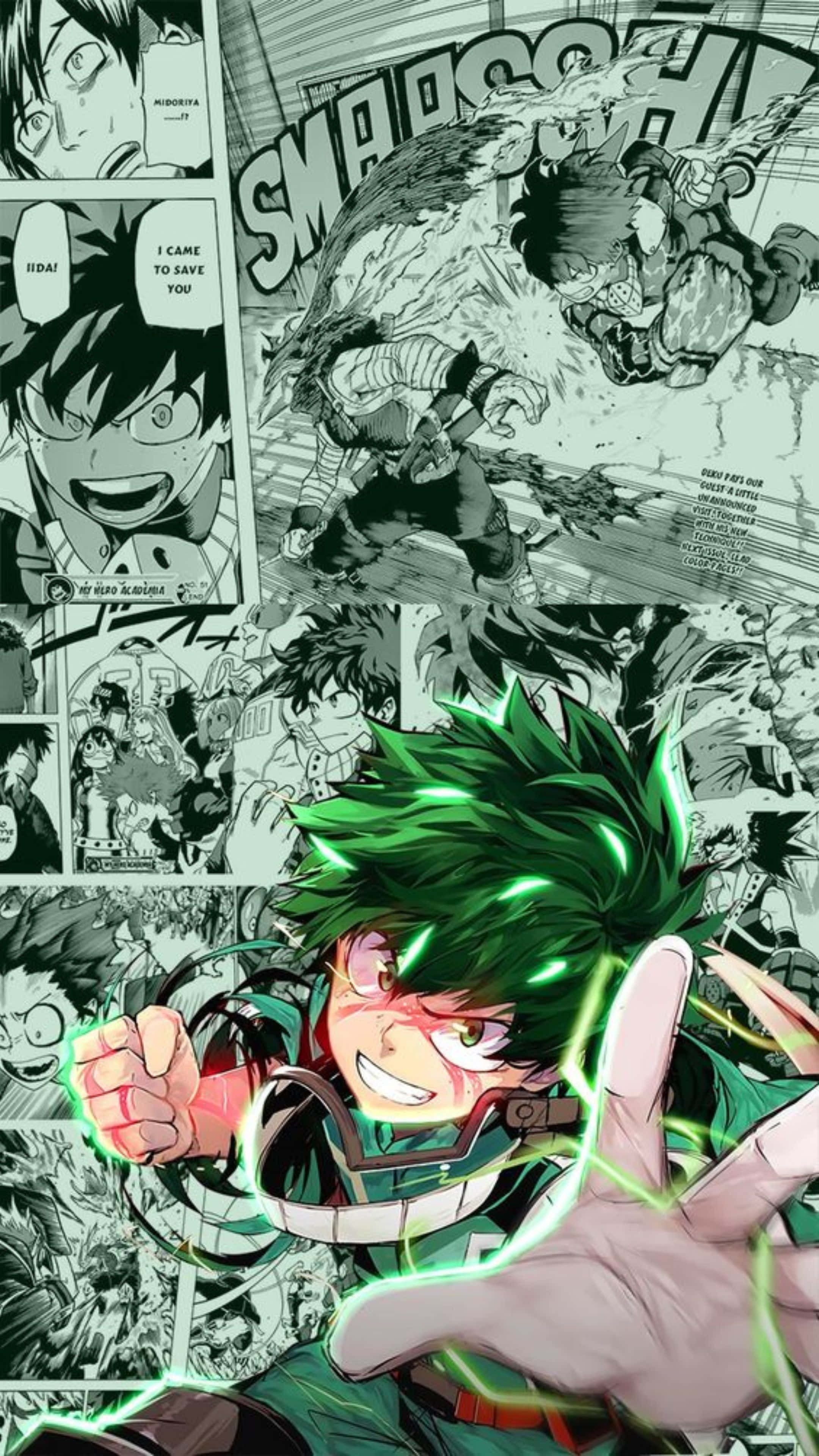 Vigilante Deku, green-haired hero, glowing fists, 4K Phone Wallpaper