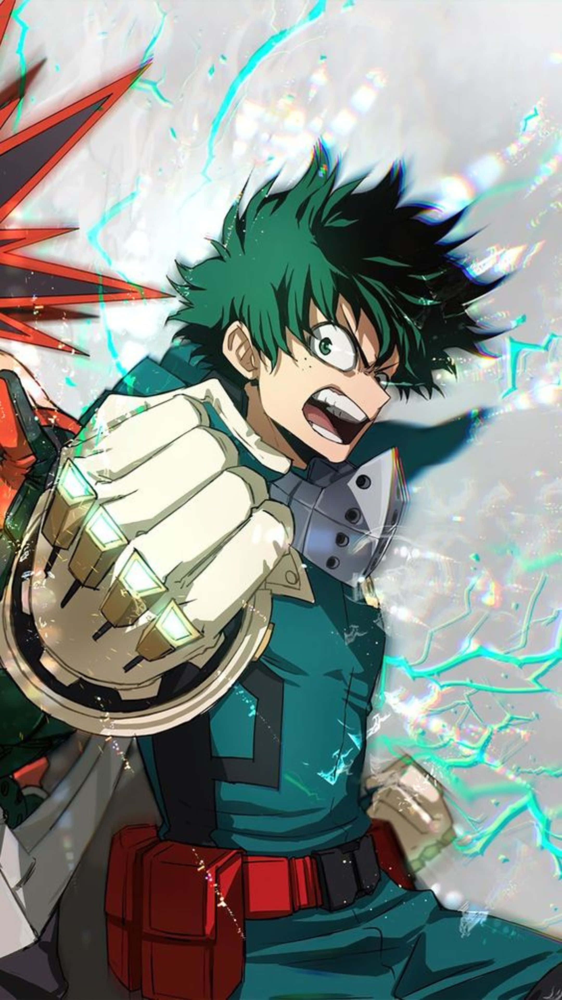 Vigilante Deku, green hair, glowing gauntlet, 4K Phone Wallpaper