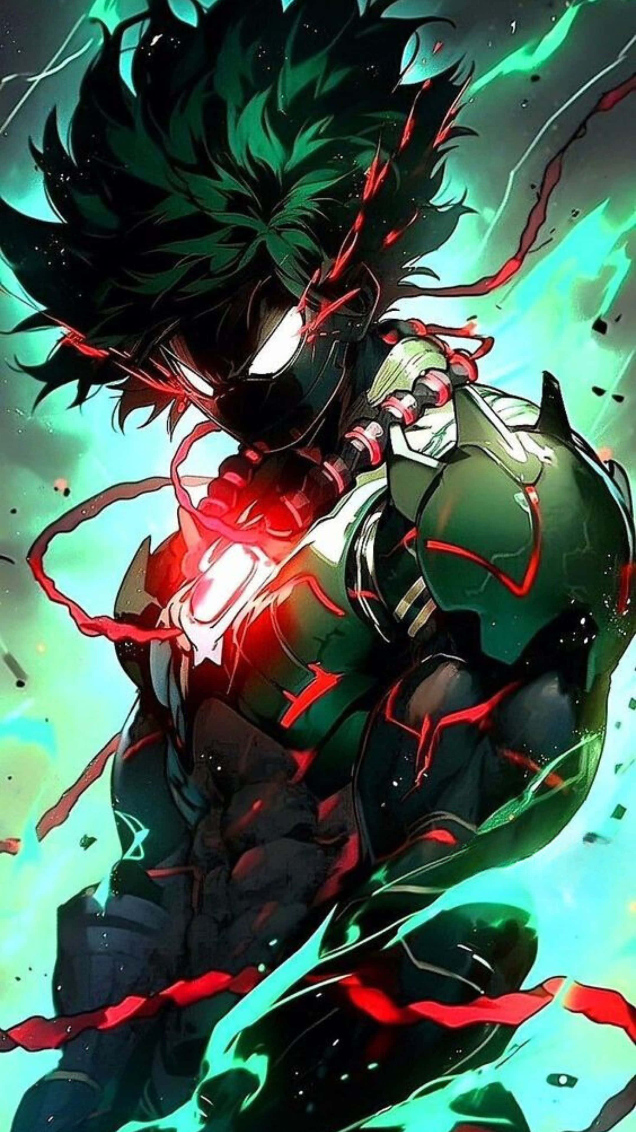 Vigilante Deku, spiky green hair, glowing red veins, 4K Phone Wallpaper