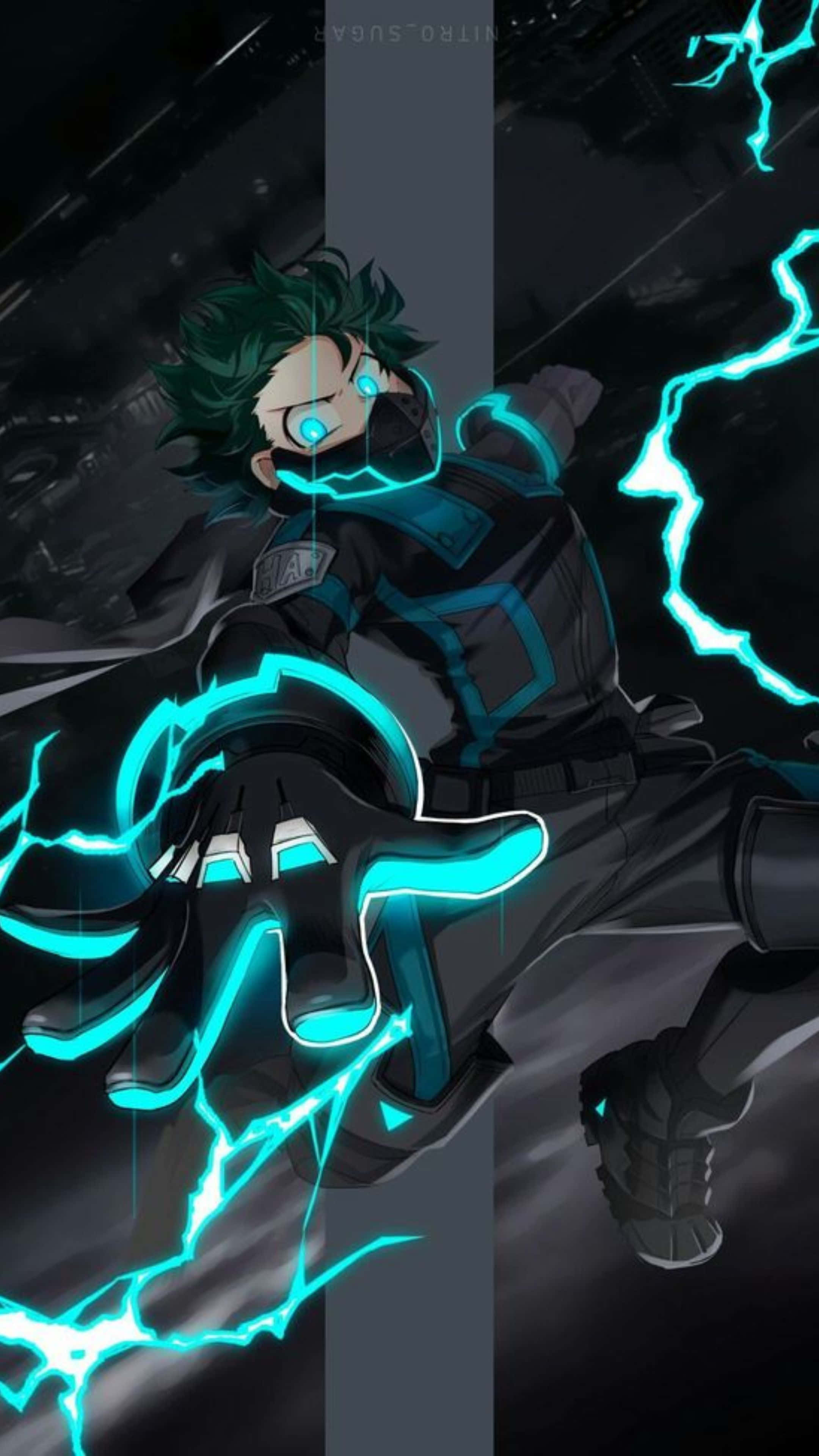 Vigilante Deku, green hair, glowing cyan eyes, 4K Phone Wallpaper