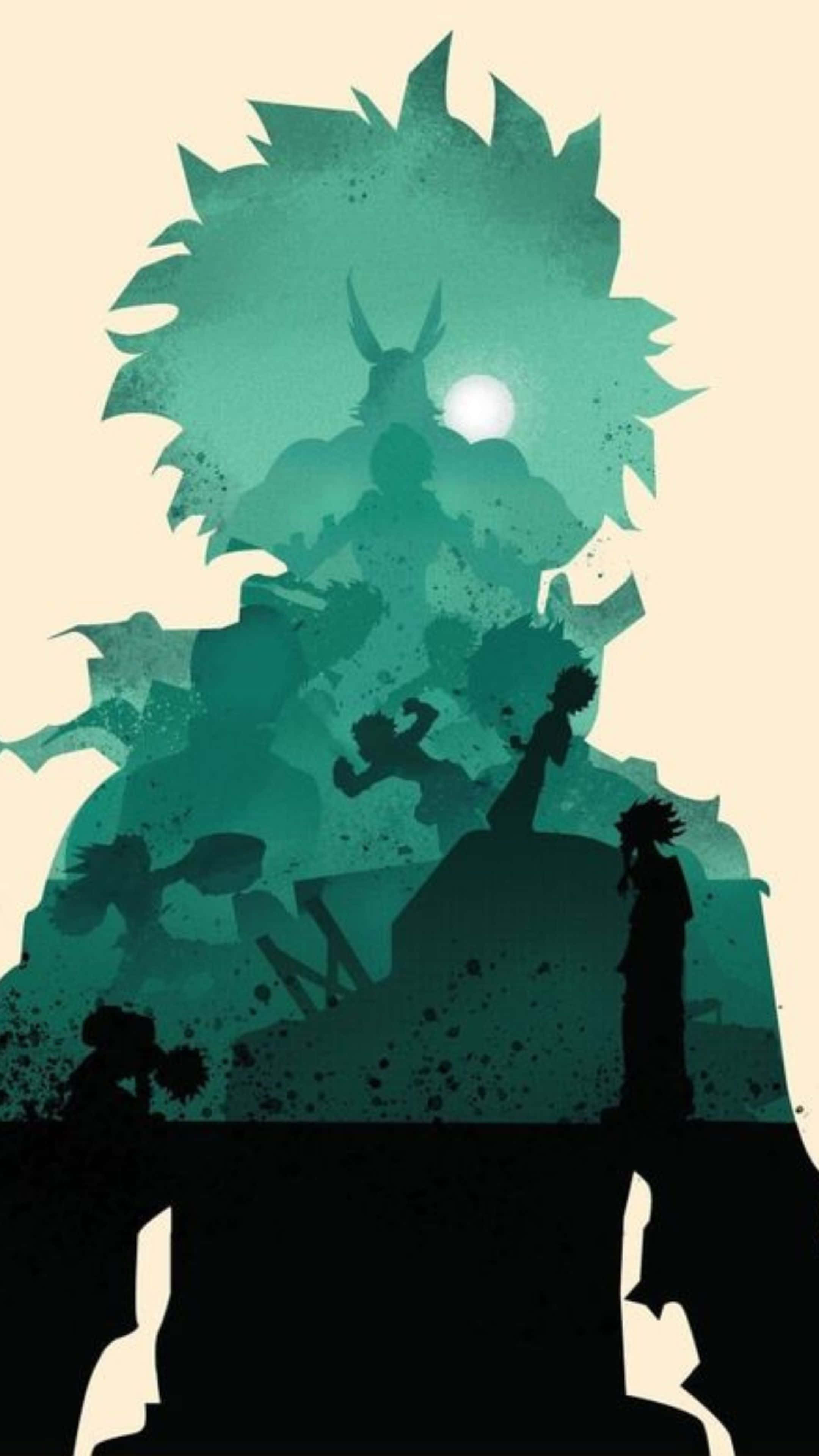 Vigilante Deku, teal silhouette, spiky-haired anime character, 4K Phone Wallpaper
