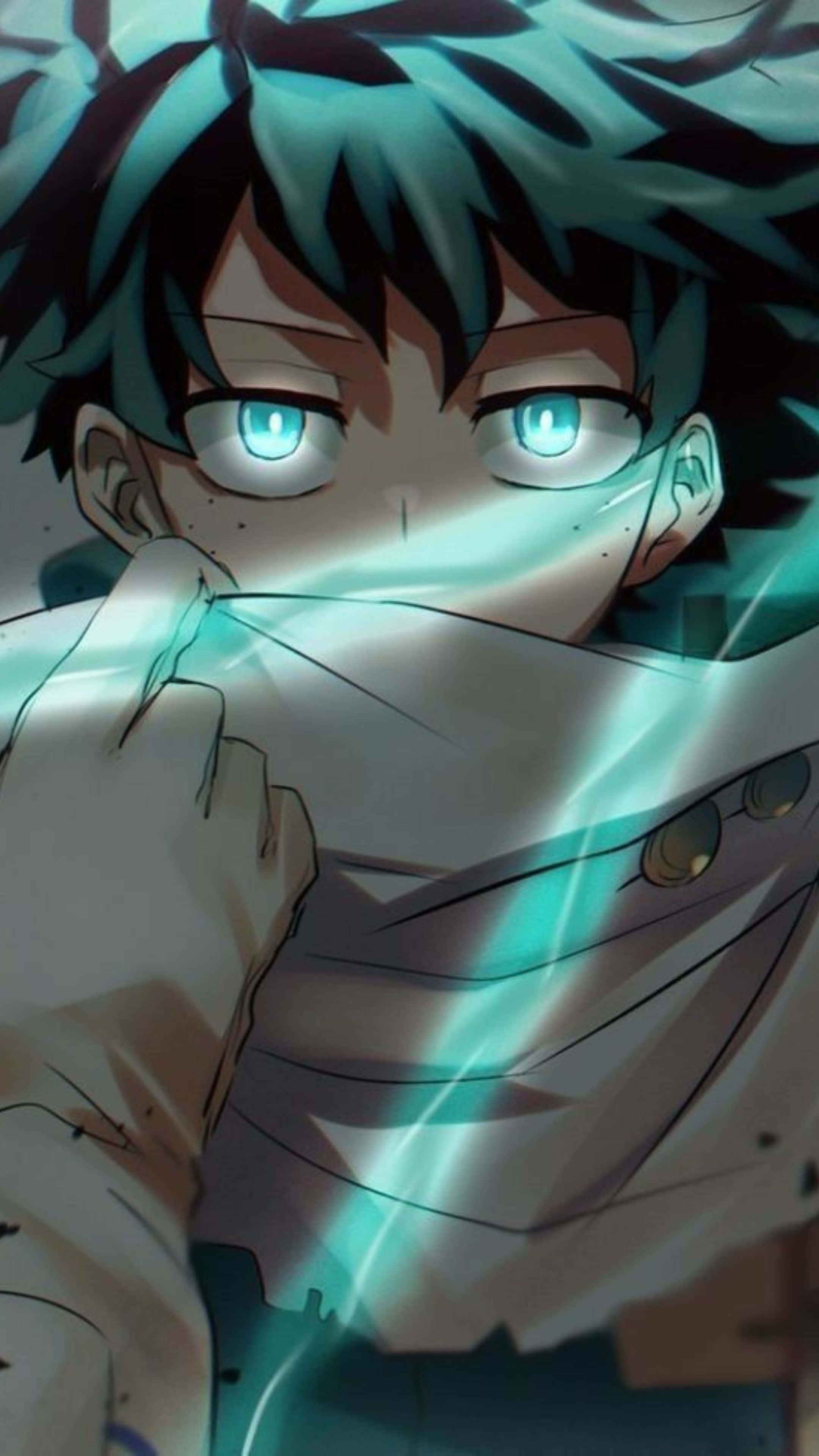 Vigilante Deku, teal hair, glowing cyan eyes, 4K Phone Wallpaper