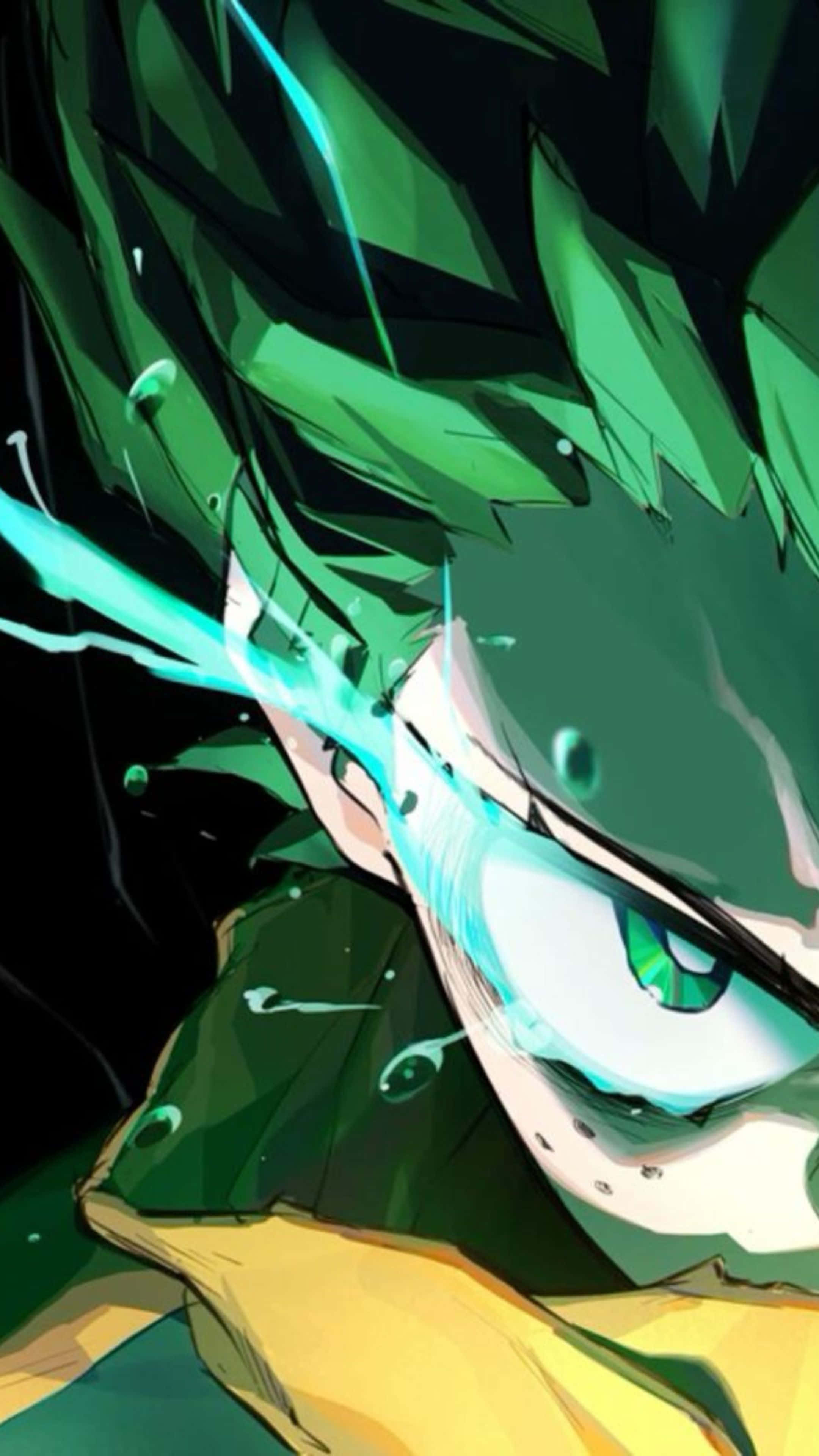 Vigilante Deku, spiky green hair, glowing green eyes, 4K Phone Wallpaper