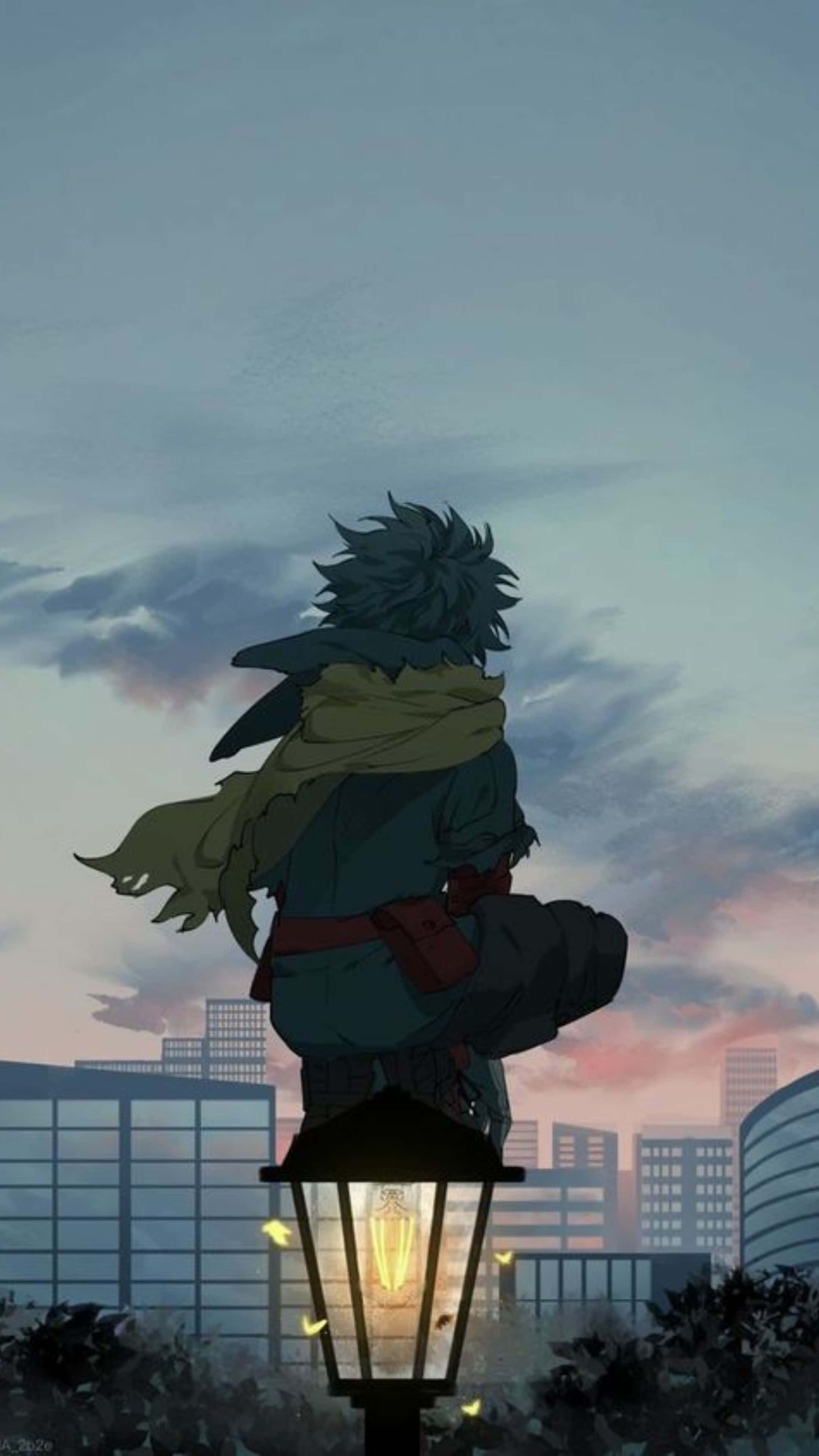 Vigilante Deku, spiky-haired anime character, glowing streetlamp, 4K Phone Wallpaper
