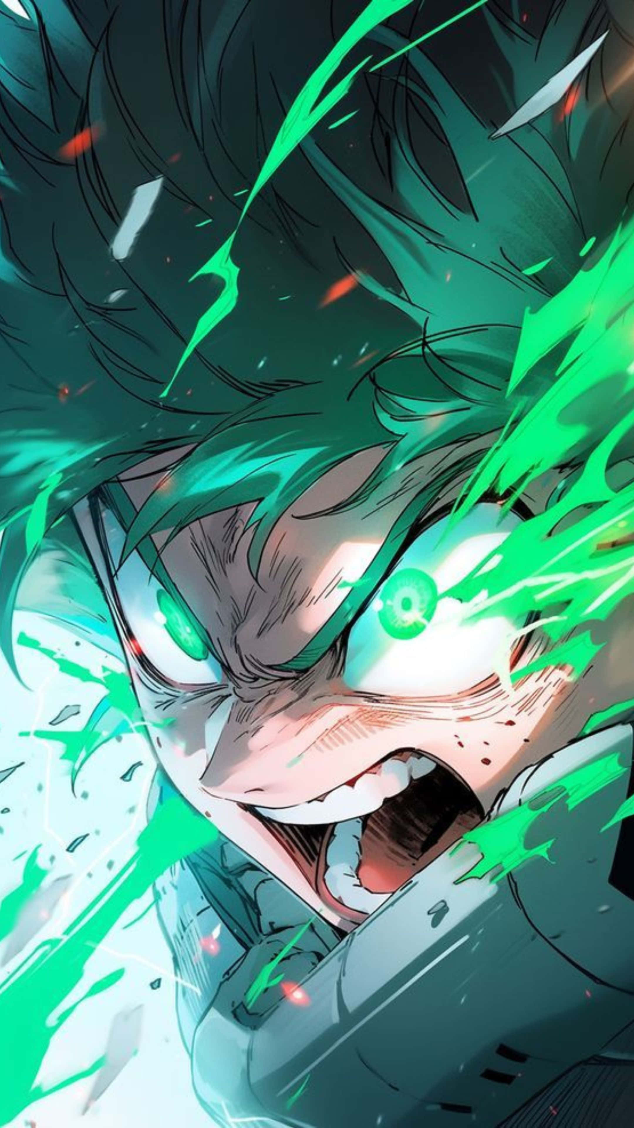 Vigilante Deku, spiky green hair, glowing green eyes, 4K Phone Wallpaper