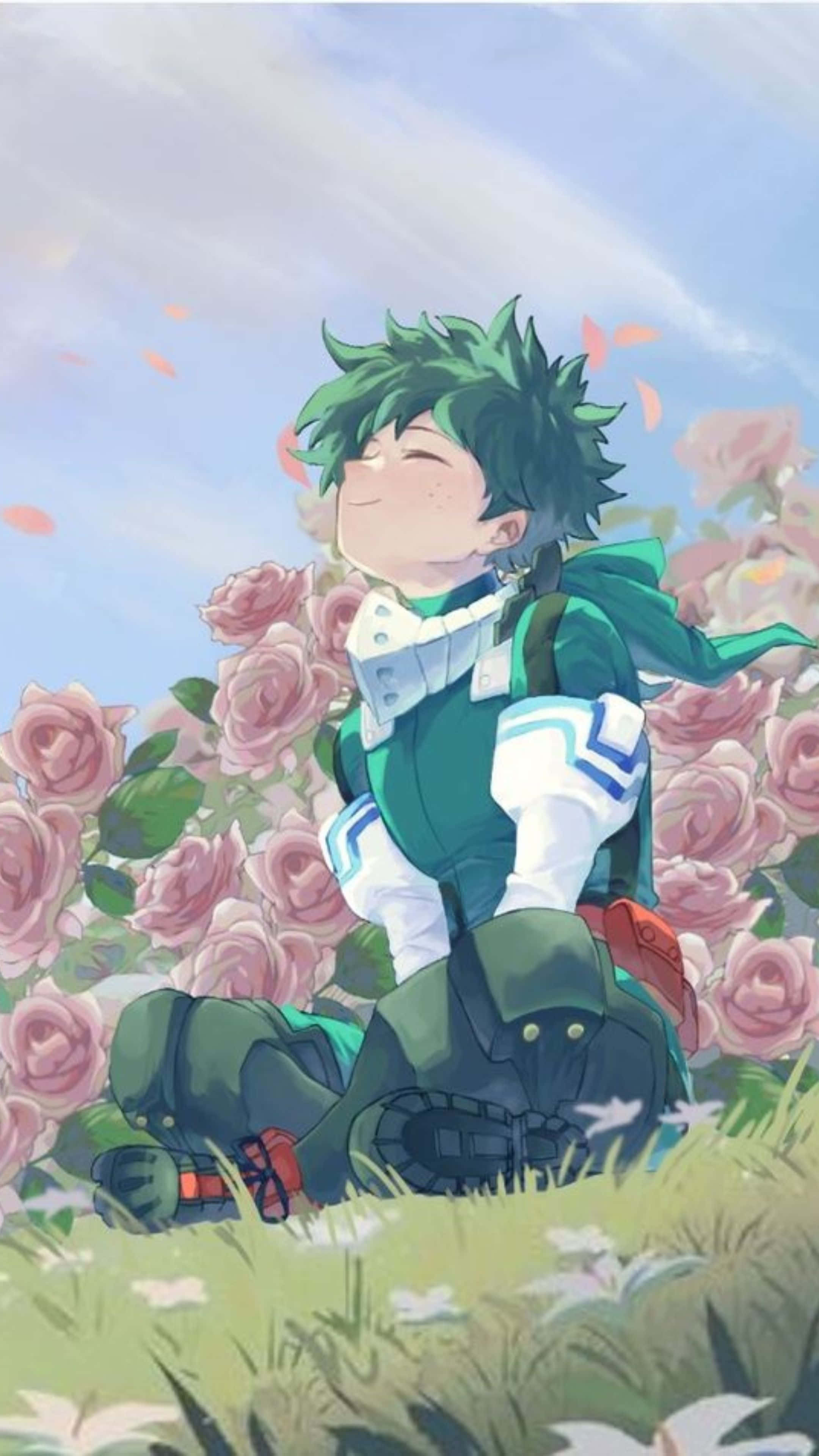 Deku, green-haired anime boy, green and white suit, 4K Phone Wallpaper