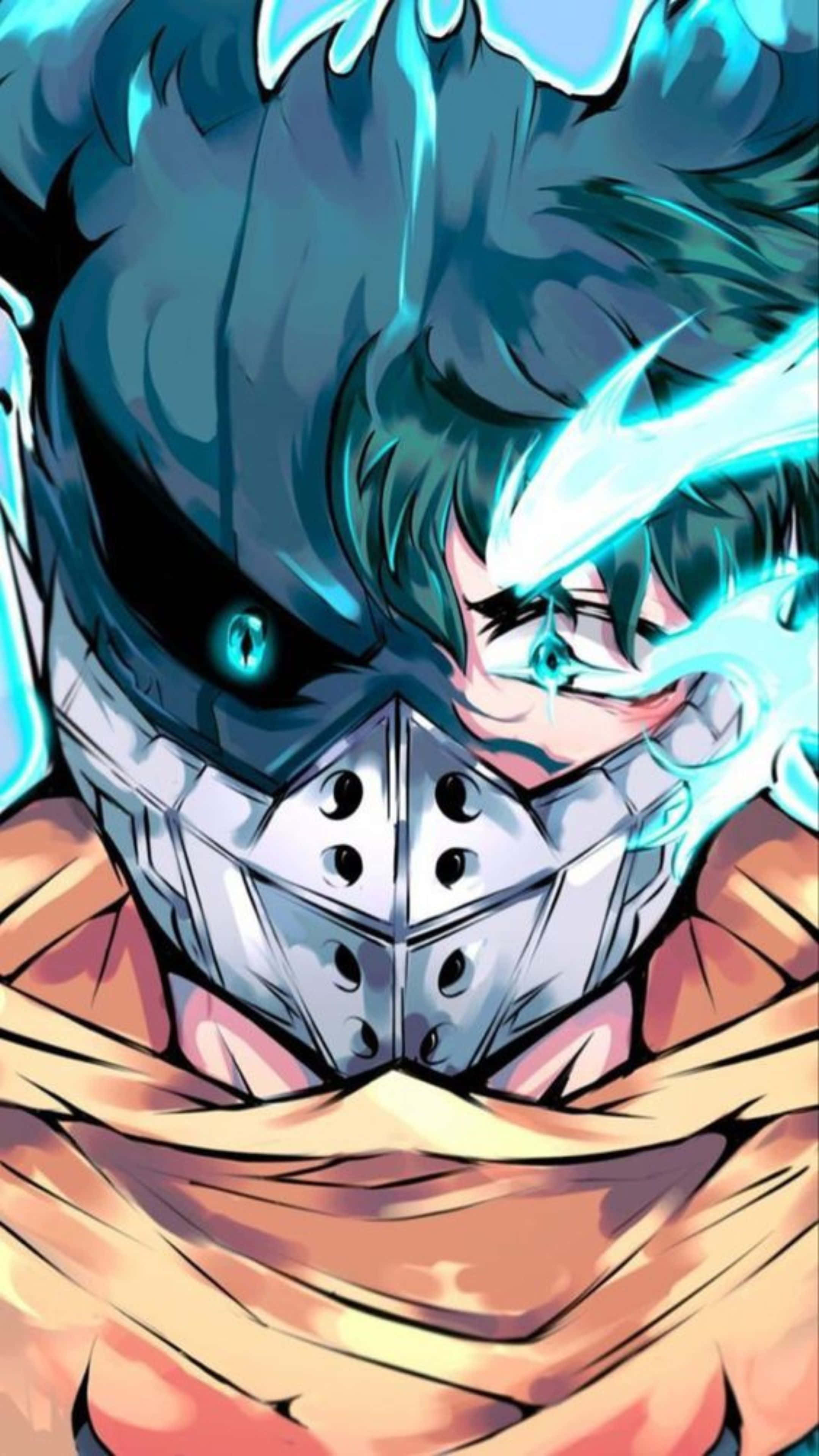 Vigilante Deku, glowing blue eyes, metallic mask, 4K Phone Wallpaper