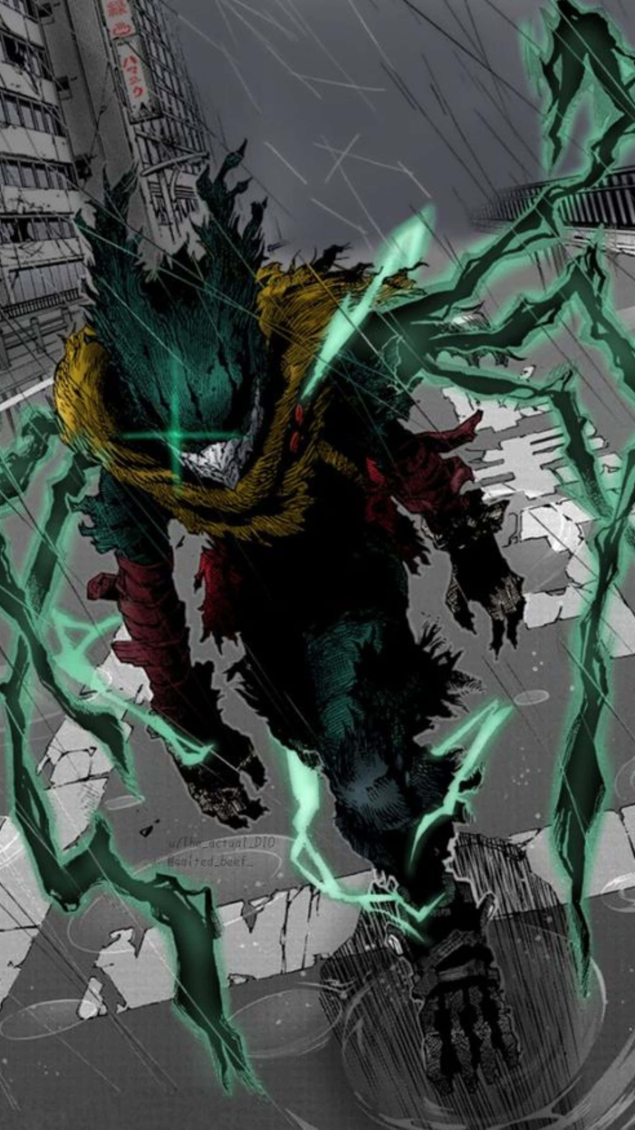 Vigilante Deku, electric aura, green and yellow creature, 4K Phone Wallpaper